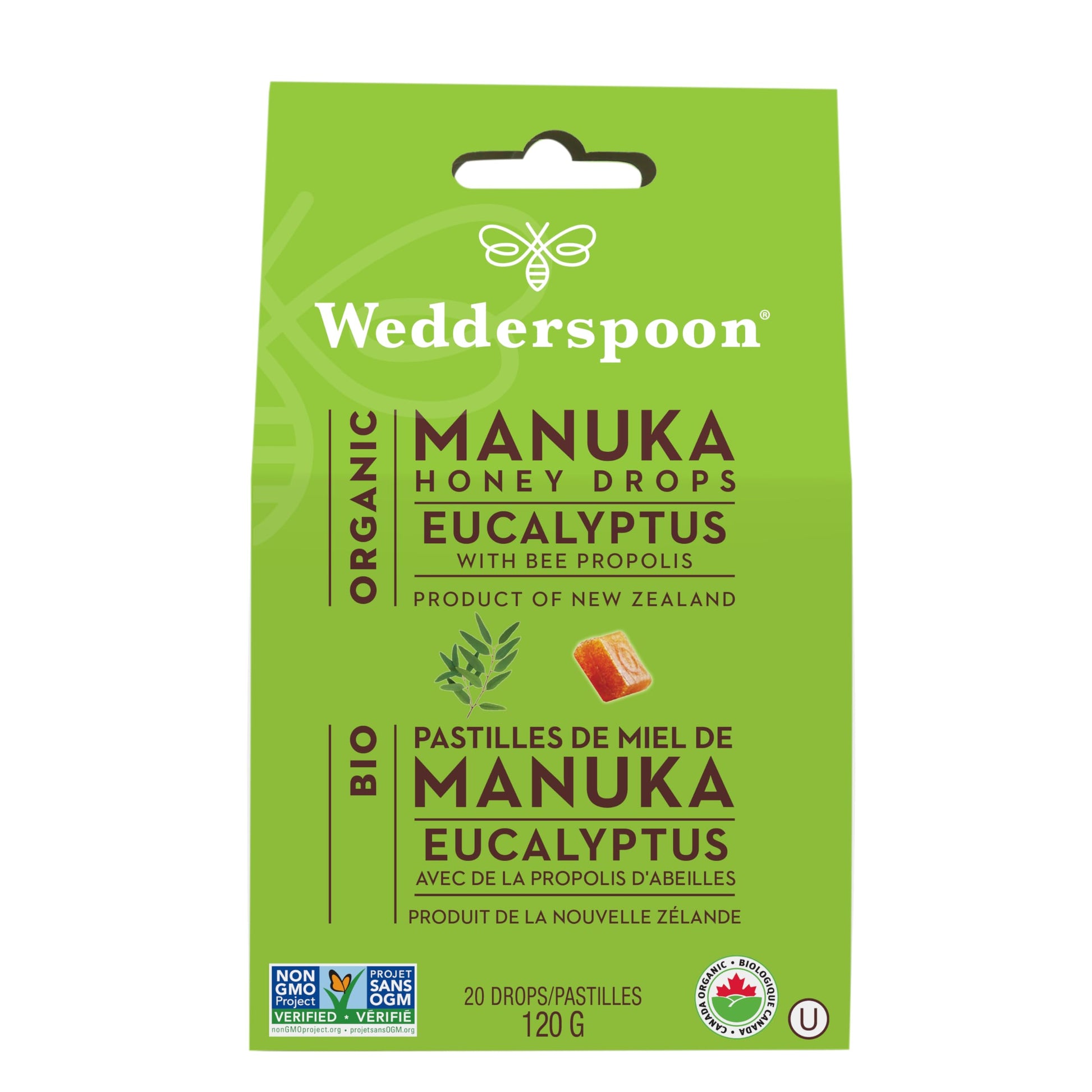 Wedderspoon Organic Manuka Honey Drops, Eucalyptus & Bee Propolis, 20 Count (Pack of 1), Genuine New Zealand Honey, Perfect Remedy For Dry Throats - Medaid International