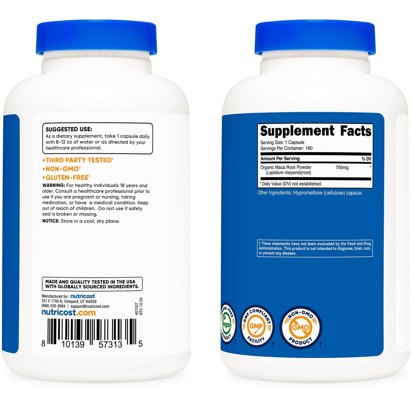 Nutricost Maca Root Capsules (Lepidium meyenii) 750mg, 180 Capsules, 180 Servings - Medaid International