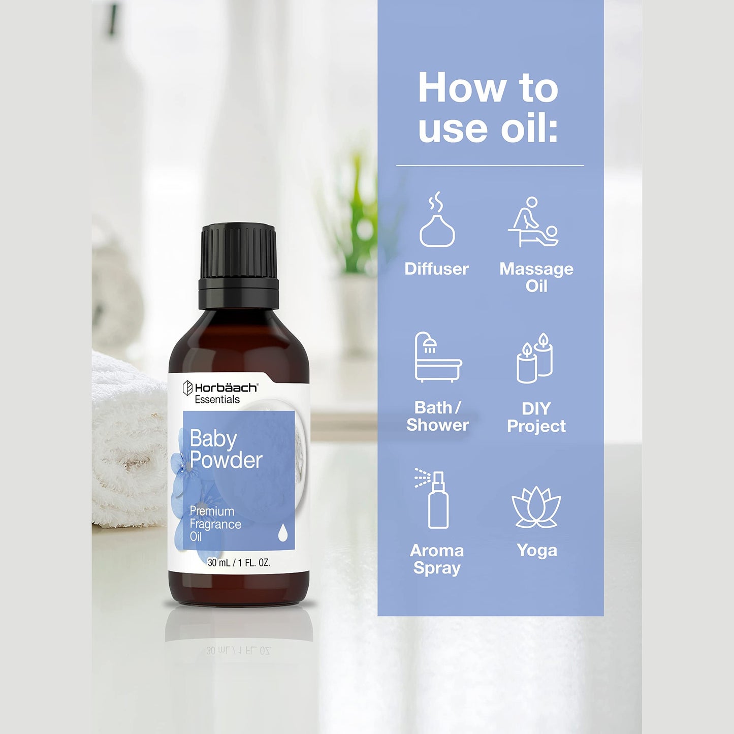 Horbäach Baby Powder Fragrance Oil | 1 fl oz (30ml) | Premium Grade | for Diffusers, Candle and Soap Making, DIY Projects, Aroma Spray, & More - Medaid International