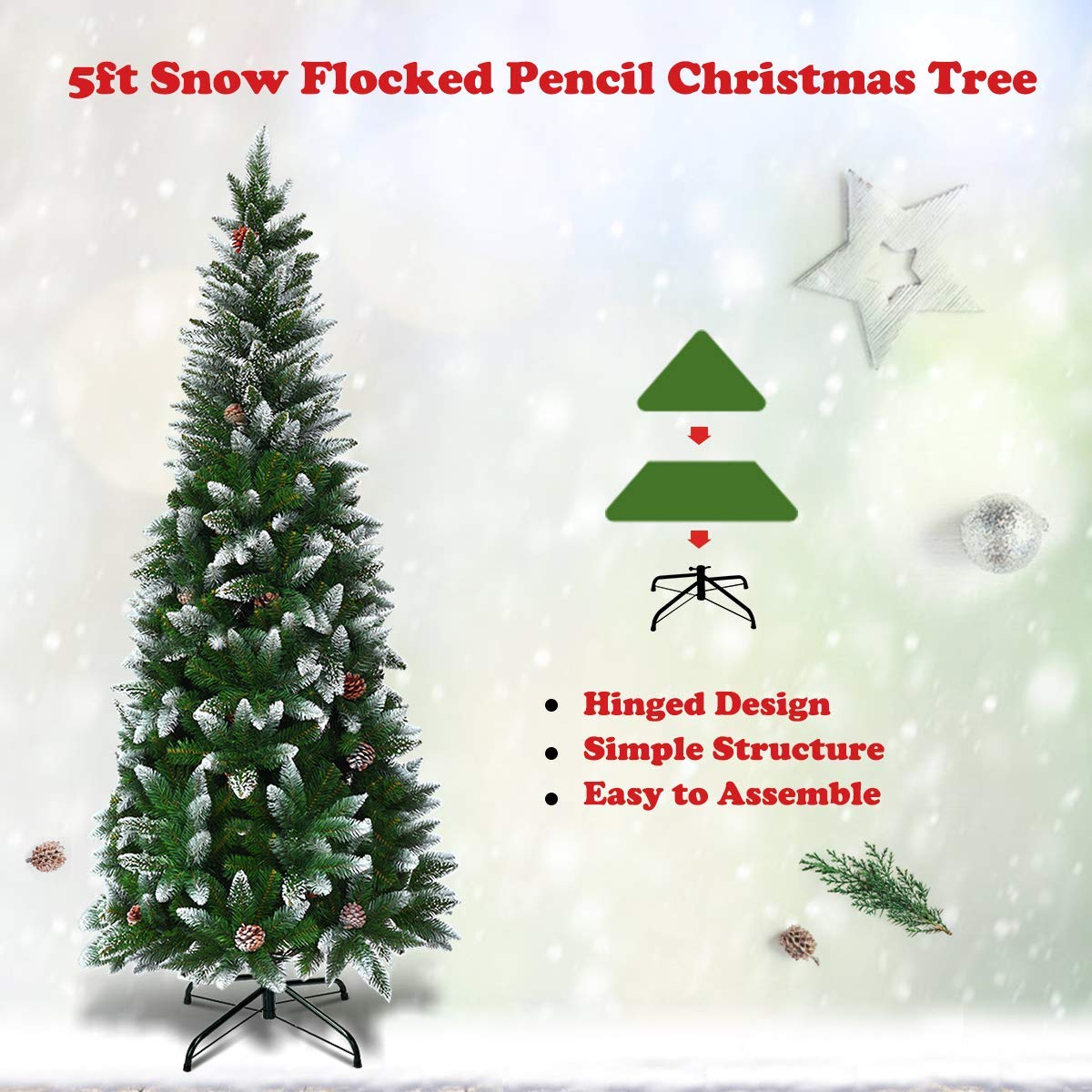 SPSUPE Artificial Pencil Christmas Tree, Snow Flocked Tree with Metal Stand, Pine Cones Decoration, Ideal for Festival Indoor Outdoor Décor (5 ft) (Christmas Tree) - Medaid International