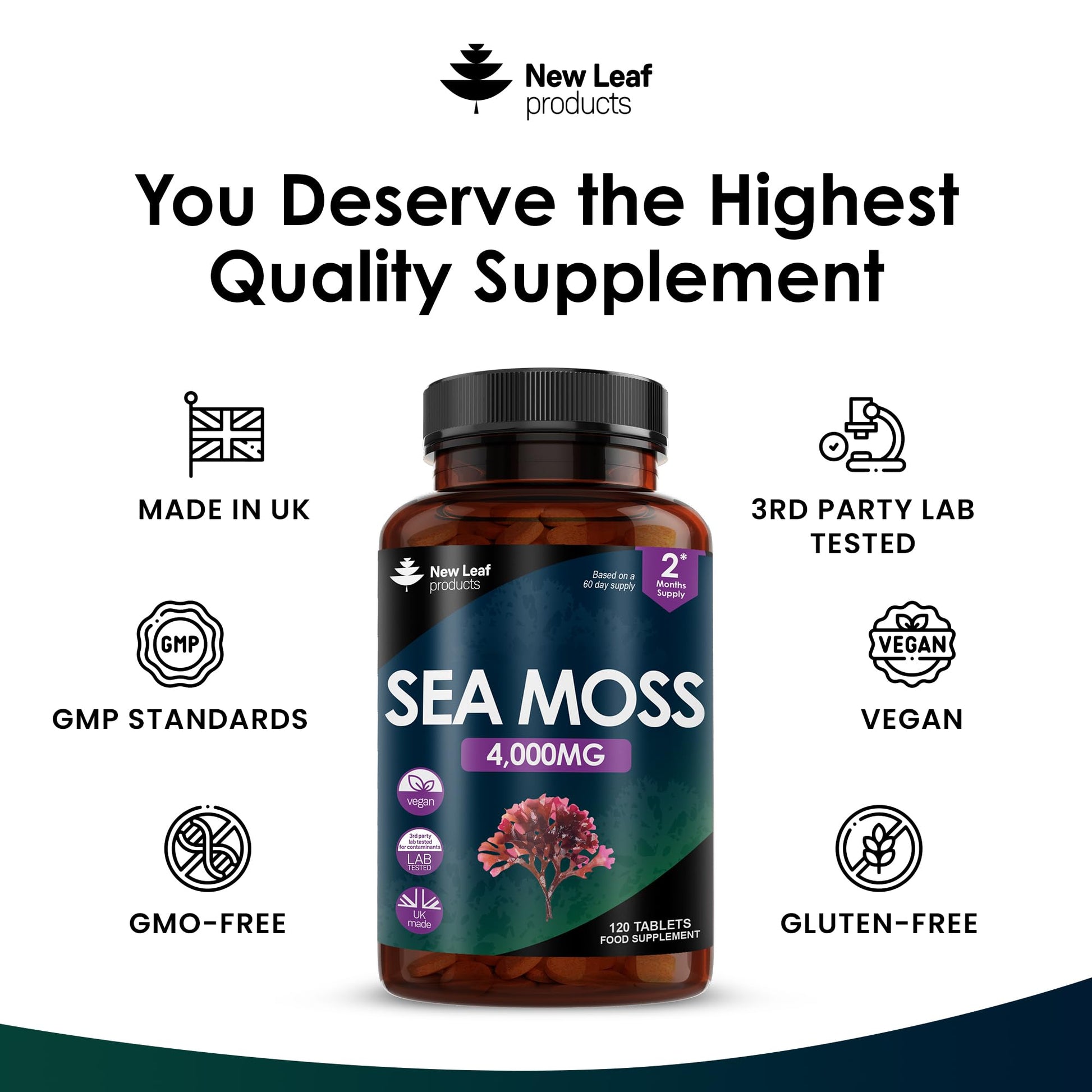 Extract High Strength 2000mg - Sea Moss Supplement 120 Tablets (not sea Moss Capsule) High Potency - UK Made - Vegan - Non GMO - Medaid International