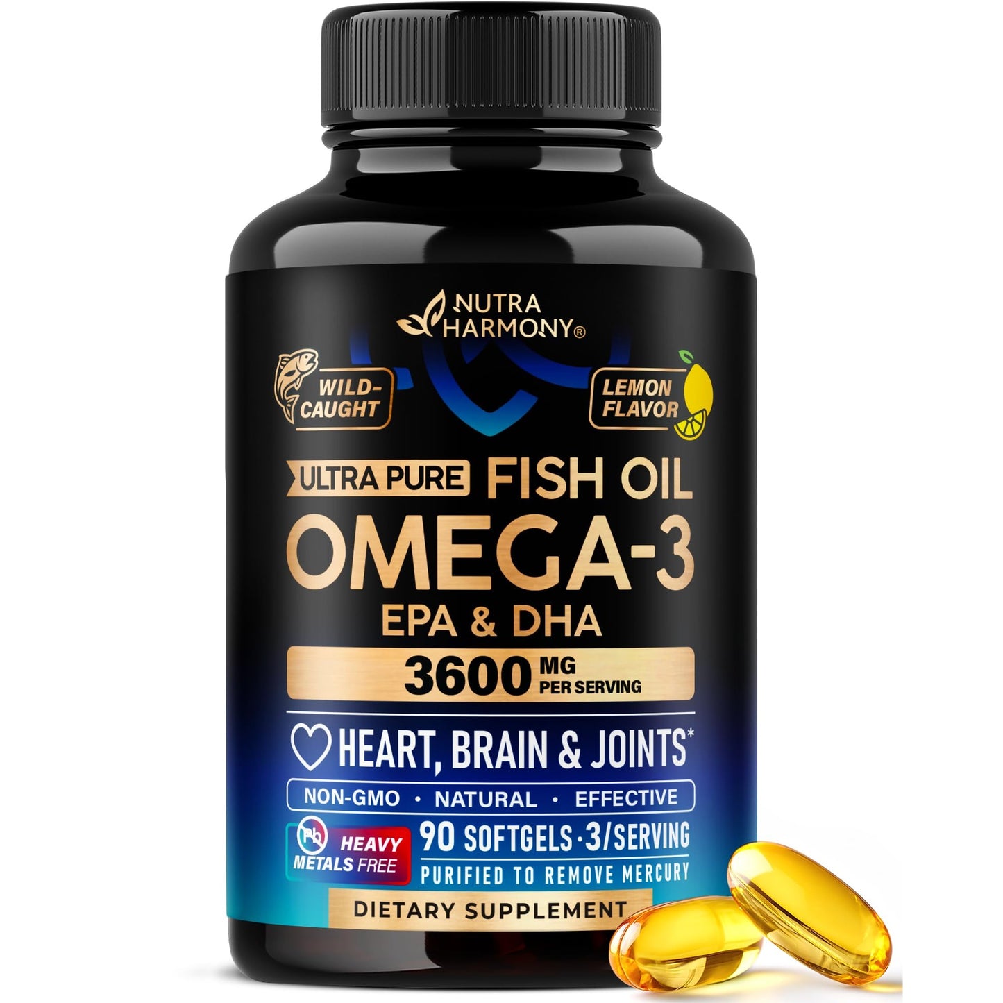 Omega 3 Fish Oil 3600 mg - Omega 3 Supplement | EPA & DHA - Heavy Metals Free - Heart, Brain & Joint Support - Purified Fish Oil for Men & Women - Lemon Flavored - Made in USA, 90 Softgels - Medaid International