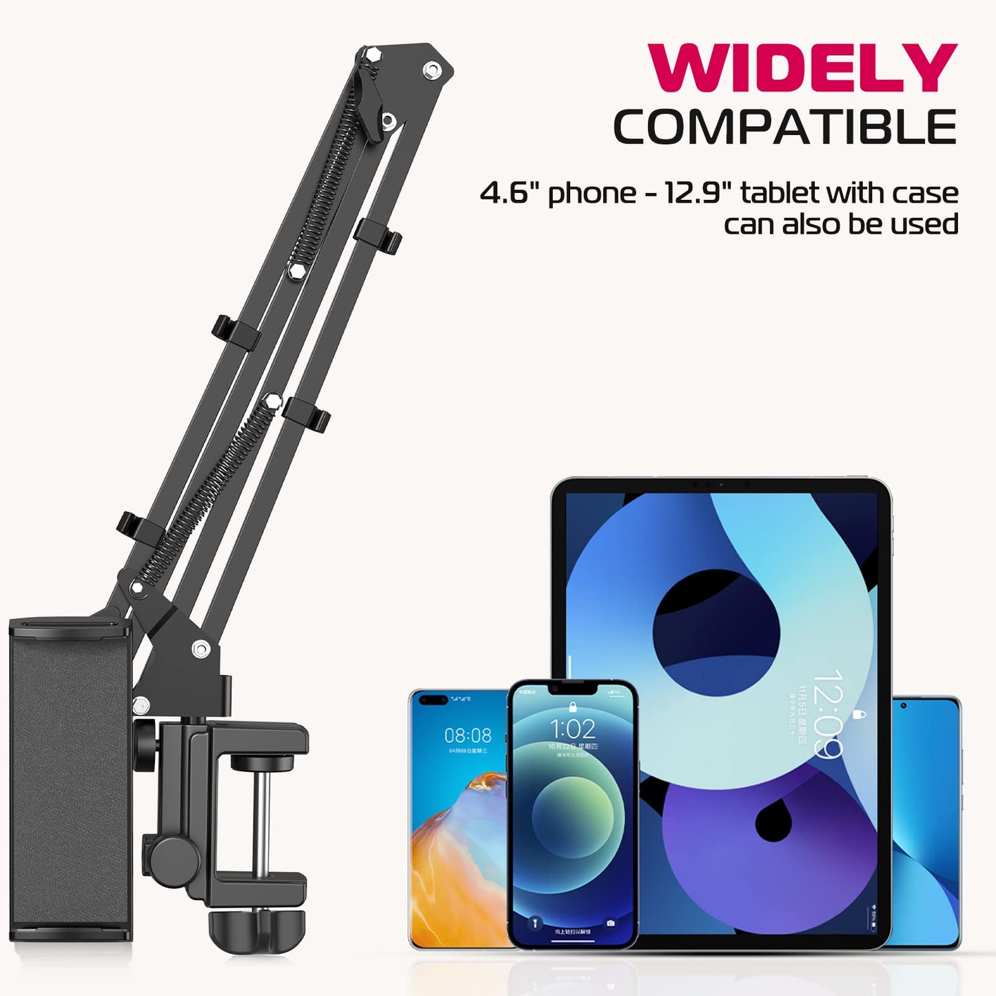 ULANZI T2 Adjustable Tablet Holder for Desk, Carbon Steel Tablet Phone Stand for Bed, Flexible Tablet Arm Clamp Compatible with iPhone 17 16 15 Pro iPad Kindle Galaxy Tab 4.6-12.9 Inch Devices - Medaid International