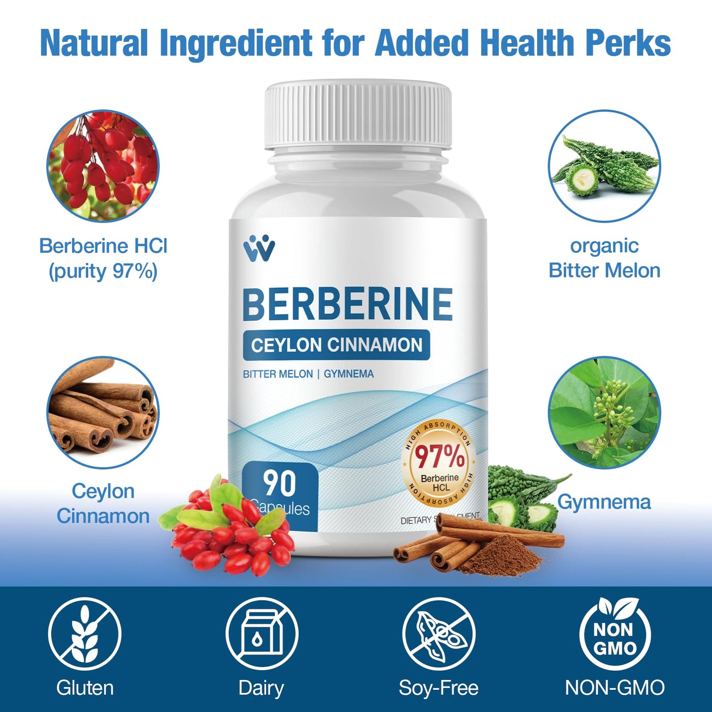 WACHRAY Berberine Supplement 1500mg - Berberine HCl 97% Purity with Ceylon Cinnamon Complex Supplements, Non-GMO Vegan - 180 Capsules (2 Pack) - Medaid International