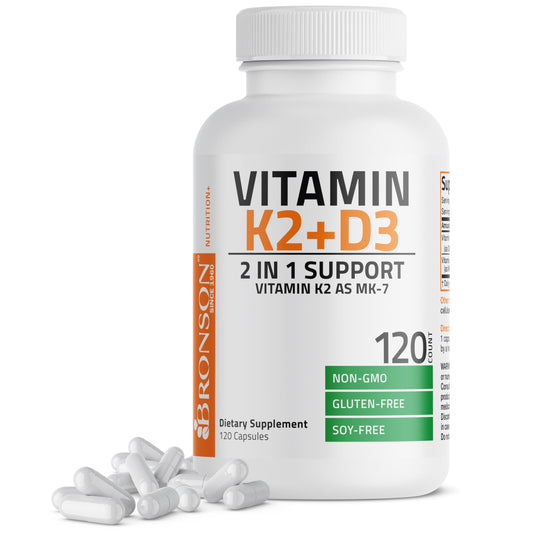Bronson Vitamin K2 (MK7) with D3 Supplement Non-GMO Formula 5000 IU Vitamin D3 & 90 mcg K2 MK-7 Easy to Swallow D & K Complex, 120 Capsules - Medaid International