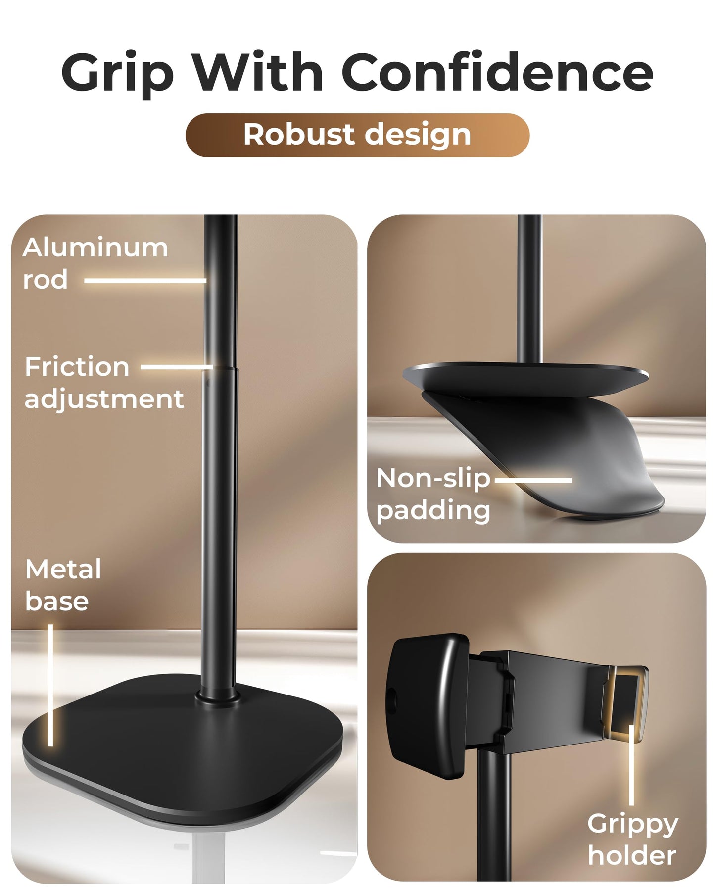 COOPER ChatStand, Adjustable Cell Phone Stand for Desk, Phone Stand for Recording, iPhone Holder for Filming, Small Tripod for iPhone, Fits Samsung, Android Smartphones - Night Black - Medaid International