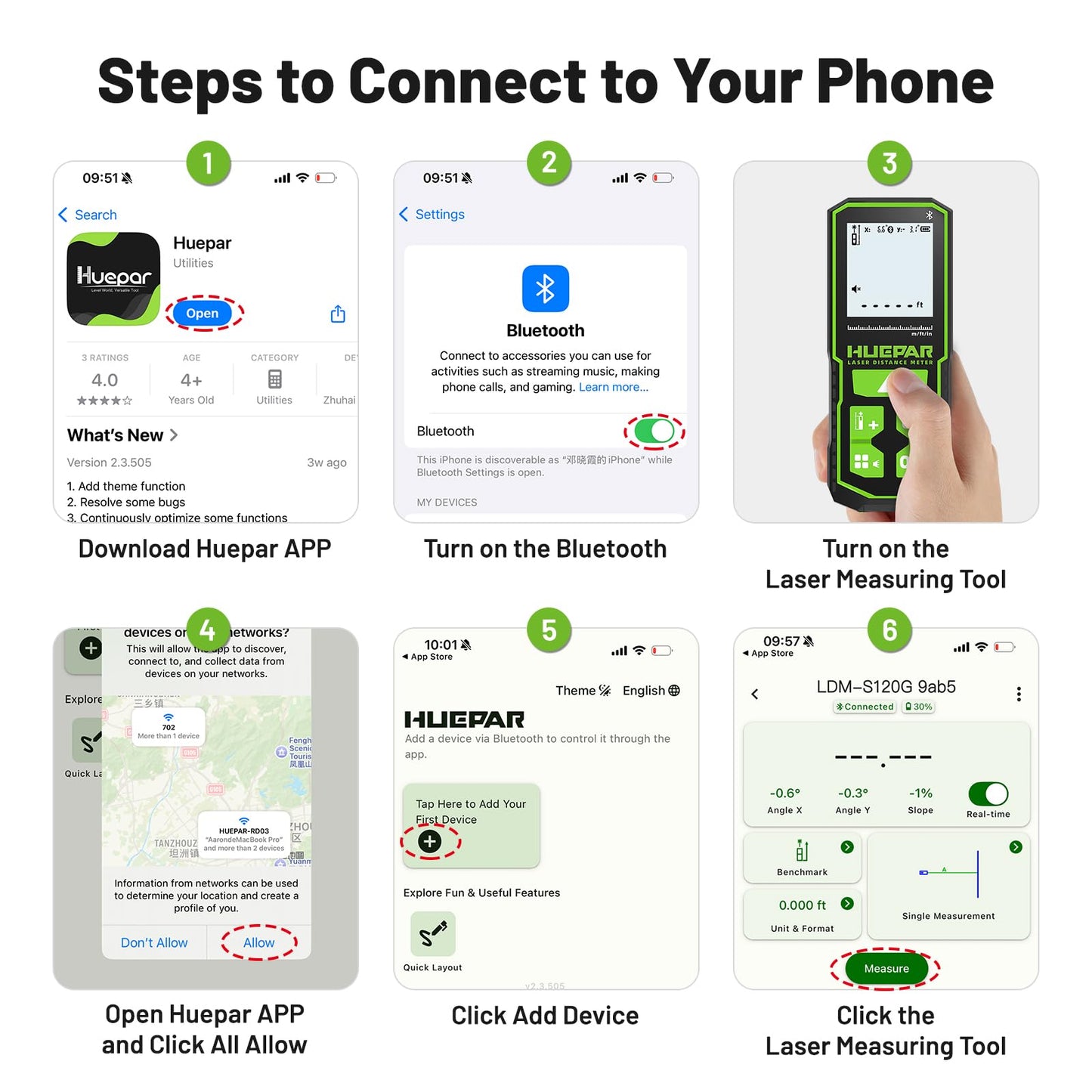 395FT Bluetoothed Green Laser Measuring Tool with Angle Sensor, Huepar 1/16in Accuracy Laser Distance Measurement Tool, Digital Laser Room Measuring Device, Laser Distance Meters - Medaid International