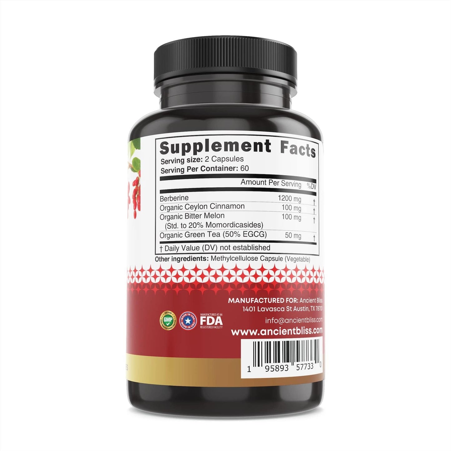 Ancient Bliss Berberine HCL 1200mg with Ceylon Cinnamon, Bitter Melon, and Green Tea Extract - 120 Capsules - Medaid International