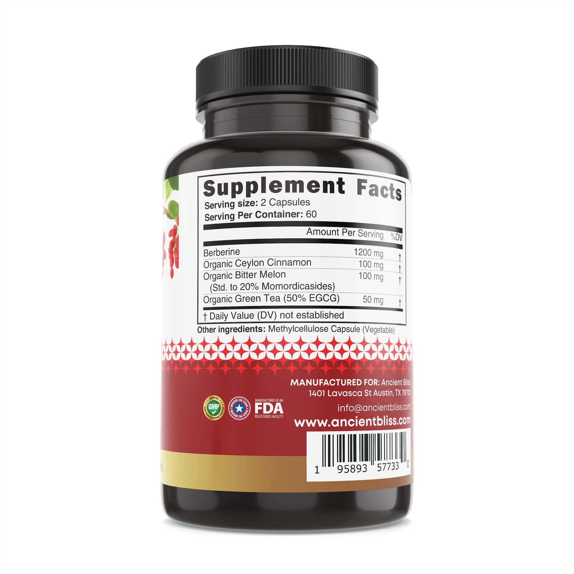 Ancient Bliss Berberine HCL 1200mg with Ceylon Cinnamon, Bitter Melon, and Green Tea Extract - 120 Capsules - Medaid International