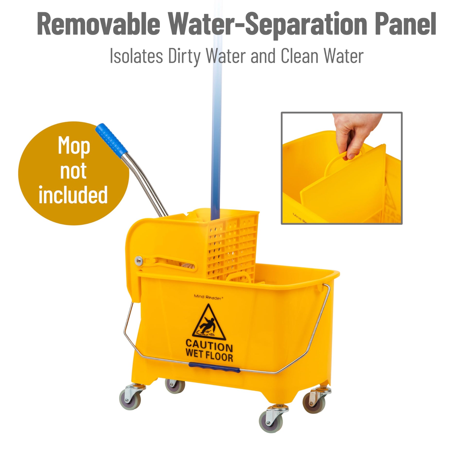 Mind Reader Mop Bucket with Wringer, 22 Qt (5.5 Gallon), Floor Cleaning, Handle, Wheels, 16.25"L x 10.75"W x 24.5"H, Yellow - Medaid International