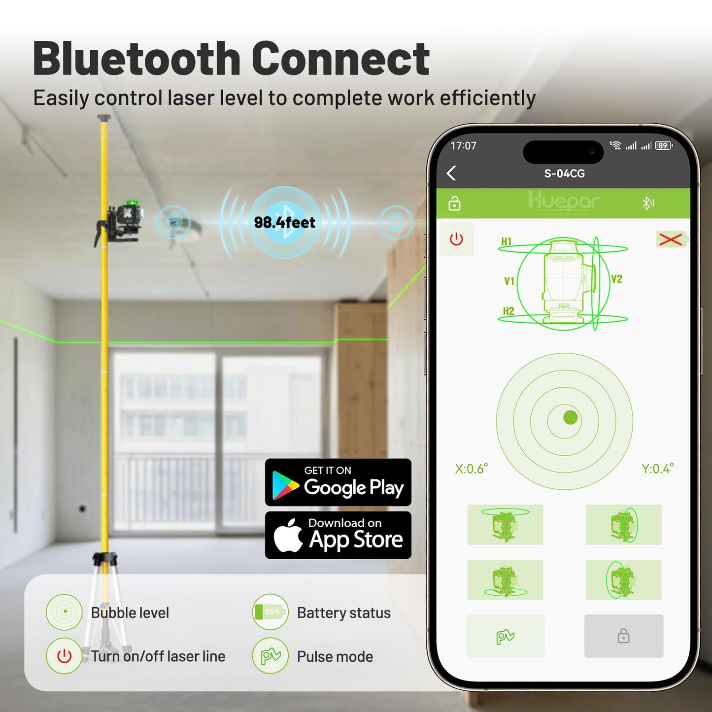 Huepar Laser Level 360 Self Leveling, 4x360° Green 4D Cross Line Laser with LCD Screen, Bluetooth Outdoor Pulse Mode Laser Tool for Construction -Remote Control, Li-ion Battery or 4 AA Batteries-S04CG - Medaid International