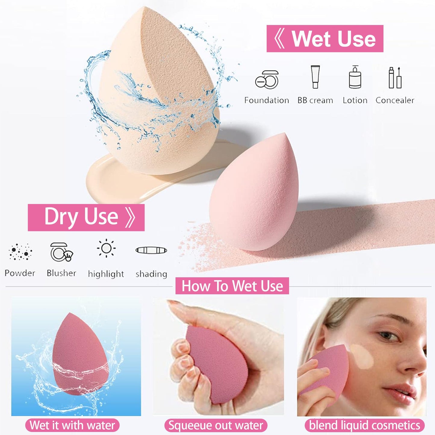 4PCS Makeup Sponge Set with Storage Box, Beauty Blender Sponges for Liquid Cream and Powder, Dry and Wet Use Foundation Blending Applicators for Flawless Makeup Application Pink - Medaid International