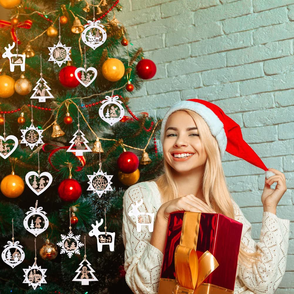 IDATOO Christmas Tree Ornaments Set of 24 Wooden Craved Hanging Craft Decorations for Winter Wonderland, 3D Rustic Farmhouse Christmas Ornaments Holiday Decor for Christmas Tree Home Office (White) - Medaid International
