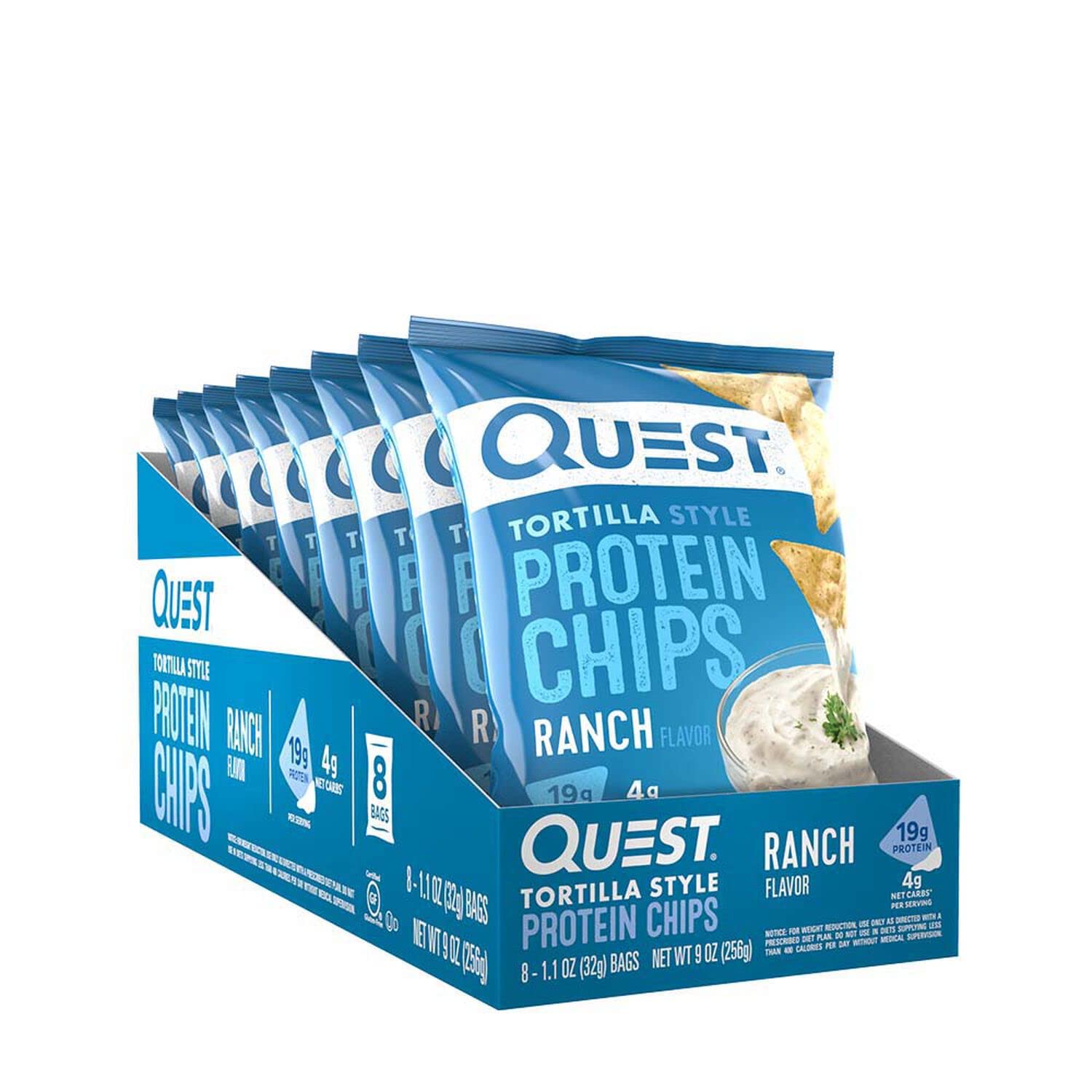 Quest Nutrition Tortilla Style Protein Chips, Ranch, Low Carb, Gluten Free, Baked, 1.1 Ounce (Pack of 8) - Medaid International
