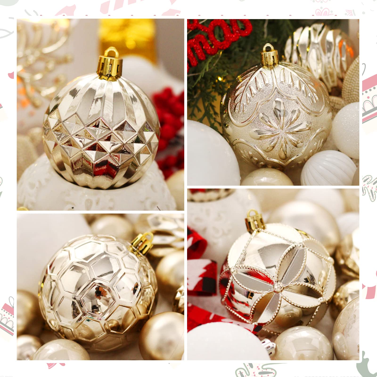 Christmas Tree Ornaments Set, 50 ct Champagne and White Xmas Ornaments Balls for Christmas Tree Decorations Shatterproof Xmas Hanging Ball for Halloween Party Home Decor (Hooks Included) - Medaid International