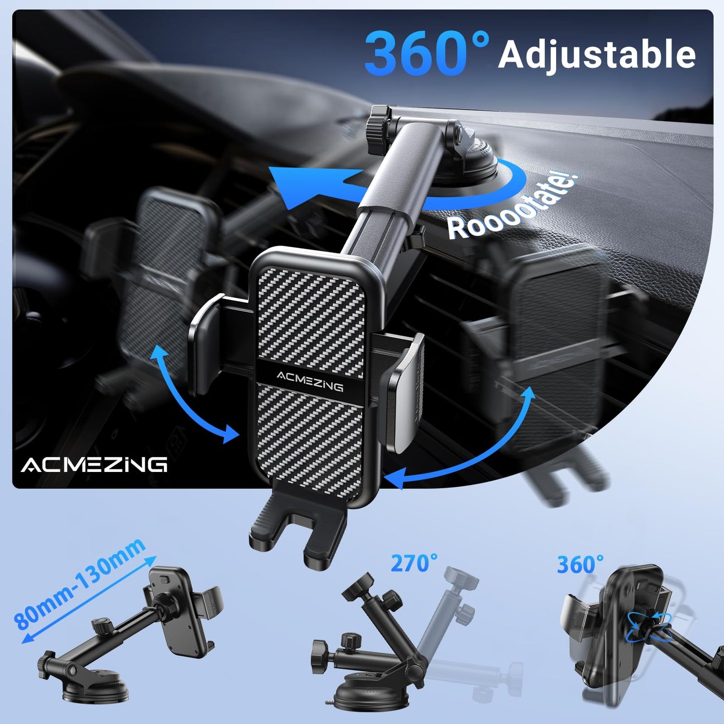 ACMEZING 3-in-1 Car Phone Holder [122+LBS Strongest Suction & Stable Clamp Arm] 360° Adjustable Mount, Cell Phone Holders for Your All Car Models for Dashboard Vent, All Smartphones, Black - Medaid International