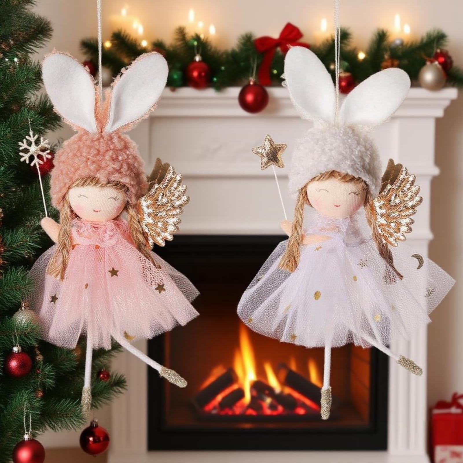 2 Pcs Merry Christmas Plush Angel Hanging Ornaments with Snowflake Glittering Wings Gauze Skirt Fluffy Decorations for Christmas Tree Fireplace and Holiday Display Xmas Indoor Party Supplies 6 Inch - Medaid International