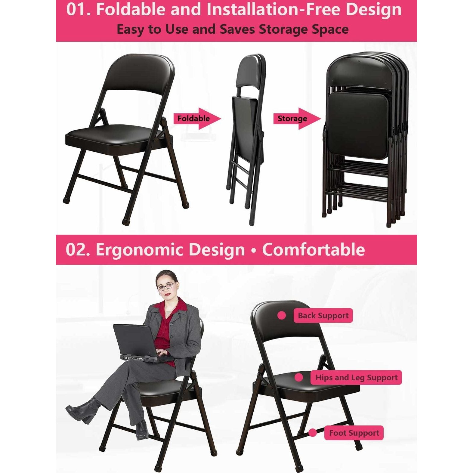 KAOCHA 1 Pack Bulk Folding Chairs with Padded Cushion, Single Black Steel Metal Frame Foldable Chair for Indoor and Outdoor, Portable Stackable Commercial Seat for Bedroom Patio Party Event - Medaid International