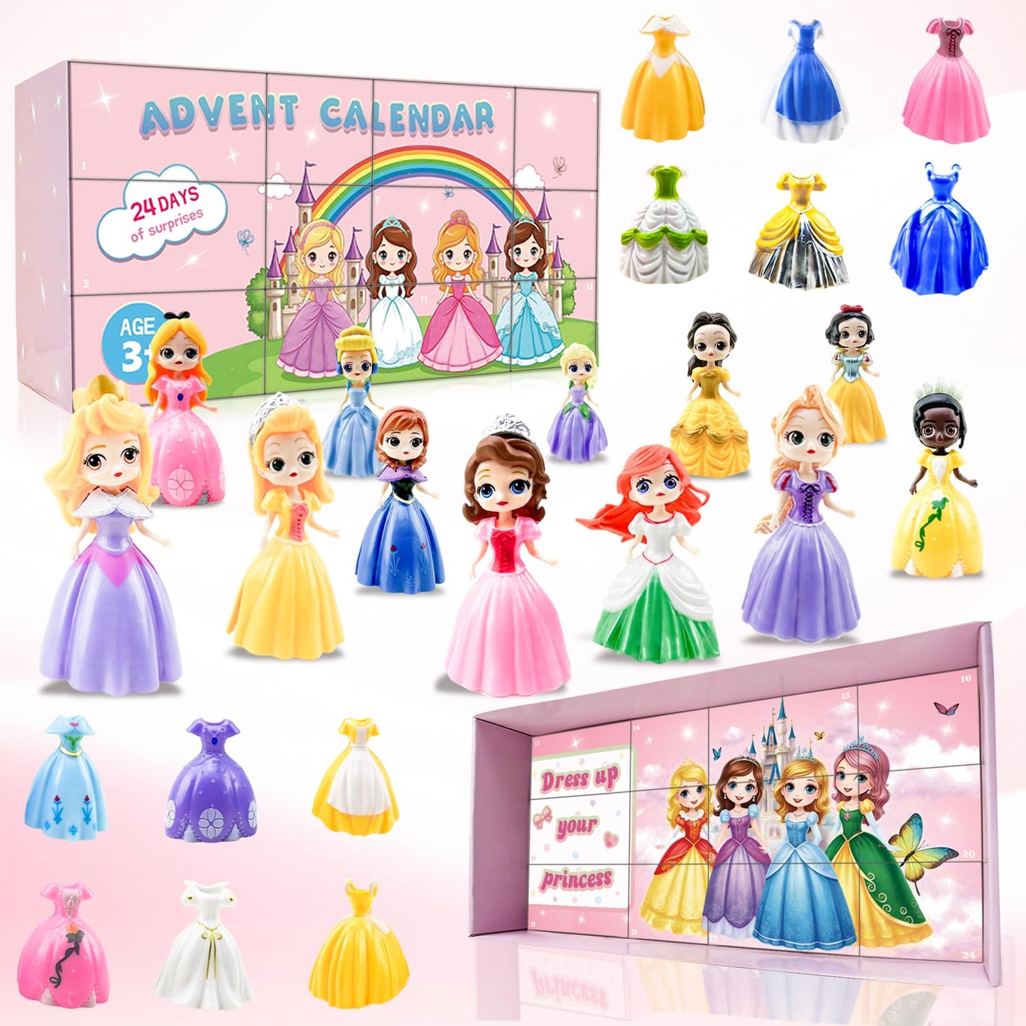 Princess Advent Calendar for Girls 24 Days Christmas Countdown Calendars Princess Transformable Skirt and Clothes Fun Xmas Gifts - Medaid International