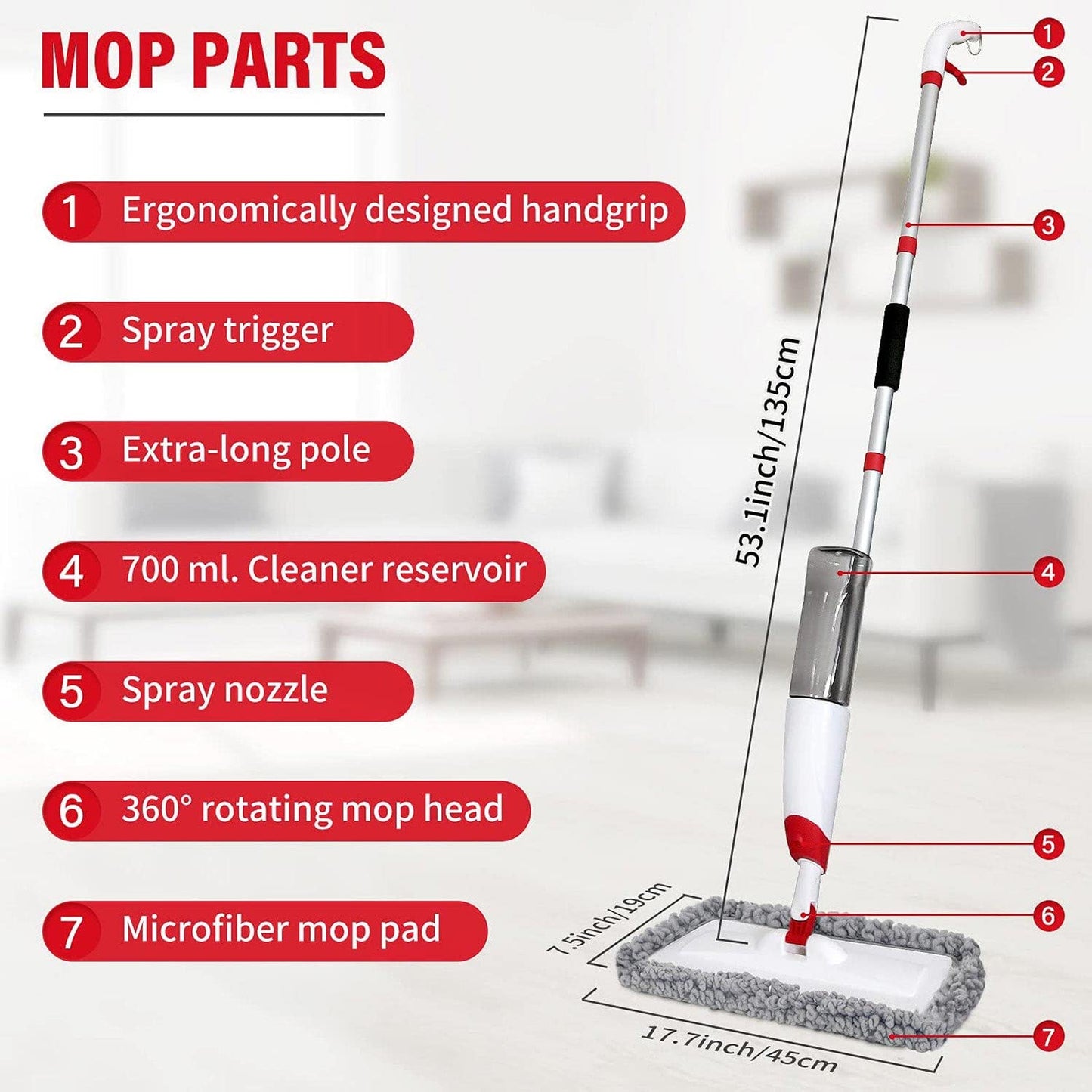 Spray Mops for Floor Cleaning, Microfiber Spray Cleaning Mop Kit with 3 Reusable Washable Pads 700ML Refillable Bottle and Scrubber Flat Mop with 360 Degree Swivel Head for Hardwood Laminate (Grey) - Medaid International
