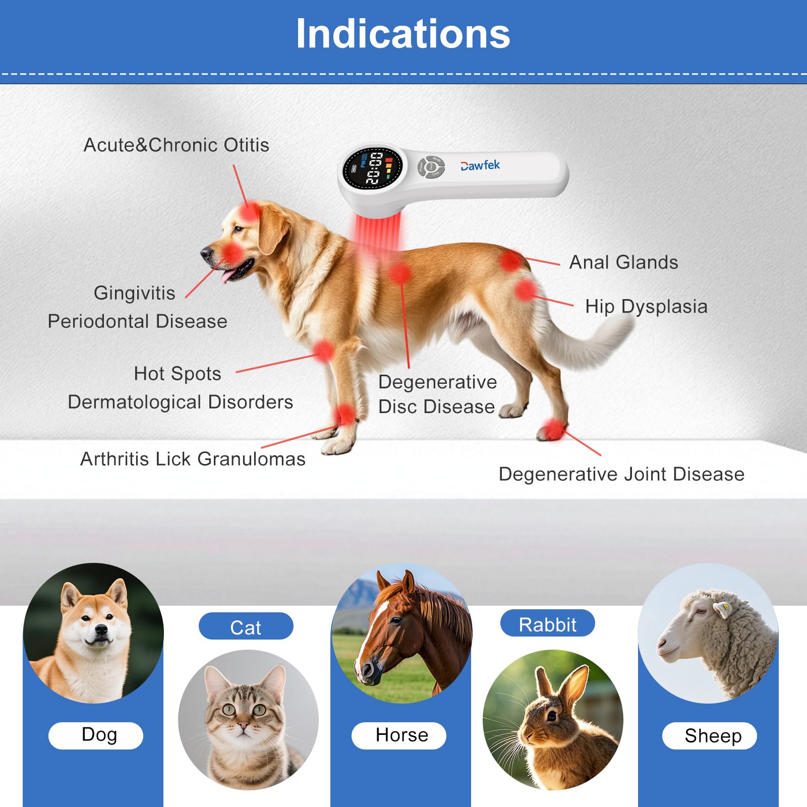 Dawfek Cold Laser Therapy Device for Dogs, 4pcs980nm 4pcs810nm 16pcs 660nm, Laser Therapy Device for Pain Relief, Arthritis, Muscle Relaxation, Infrared Red Light Therapy Machine for Pets Dogs Cats - Medaid International