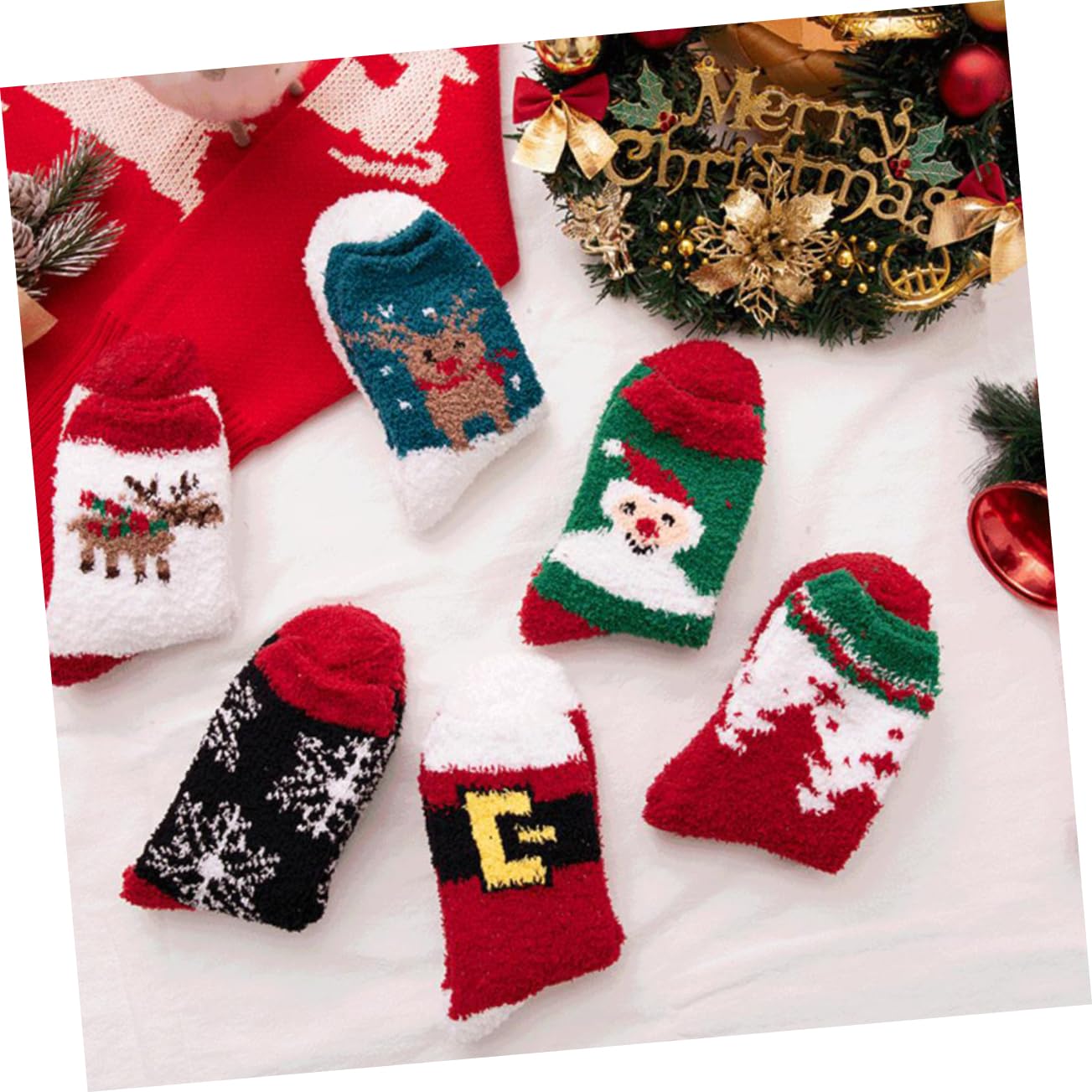 6Pairs Christmas Socks Mid-calf Warm Socks Thickened Fleece Winter Stockings with Cute Cartoon Design for Festive Atmosphere - Medaid International
