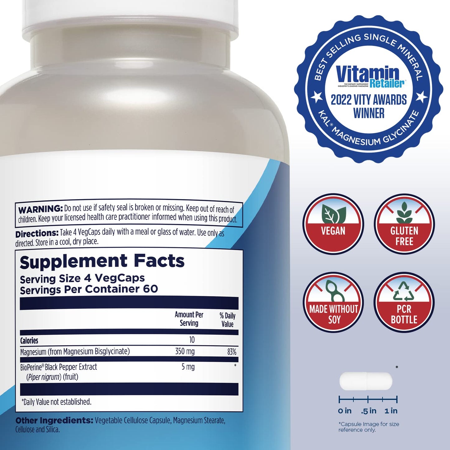 KAL Magnesium Glycinate, New & Improved Fully Chelated High Absorption Formula with BioPerine, Bisglycinate Chelate for Stress, Relaxation, Muscle & Bone Health Support, 60 Servings, 240 VegCaps - Medaid International