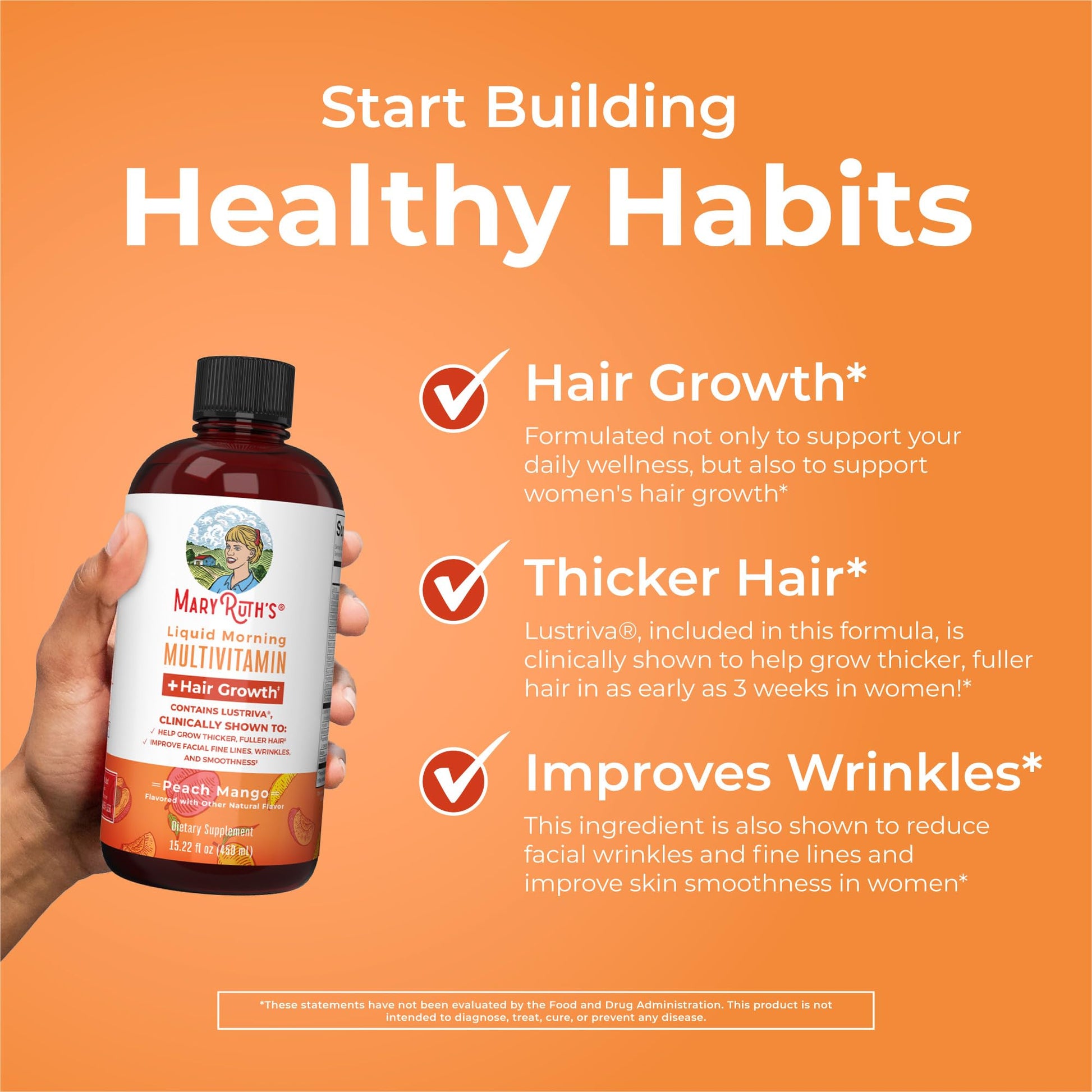 MaryRuth's Liquid Multivitamin + Hair Growth | Biotin 10000mcg | Lustriva Hair Growth Supplement | Clinically Tested in Women for Thicker Hair & Facial Wrinkles | Skin Care | Ages 18+ | 15.22 Fl Oz - Medaid International