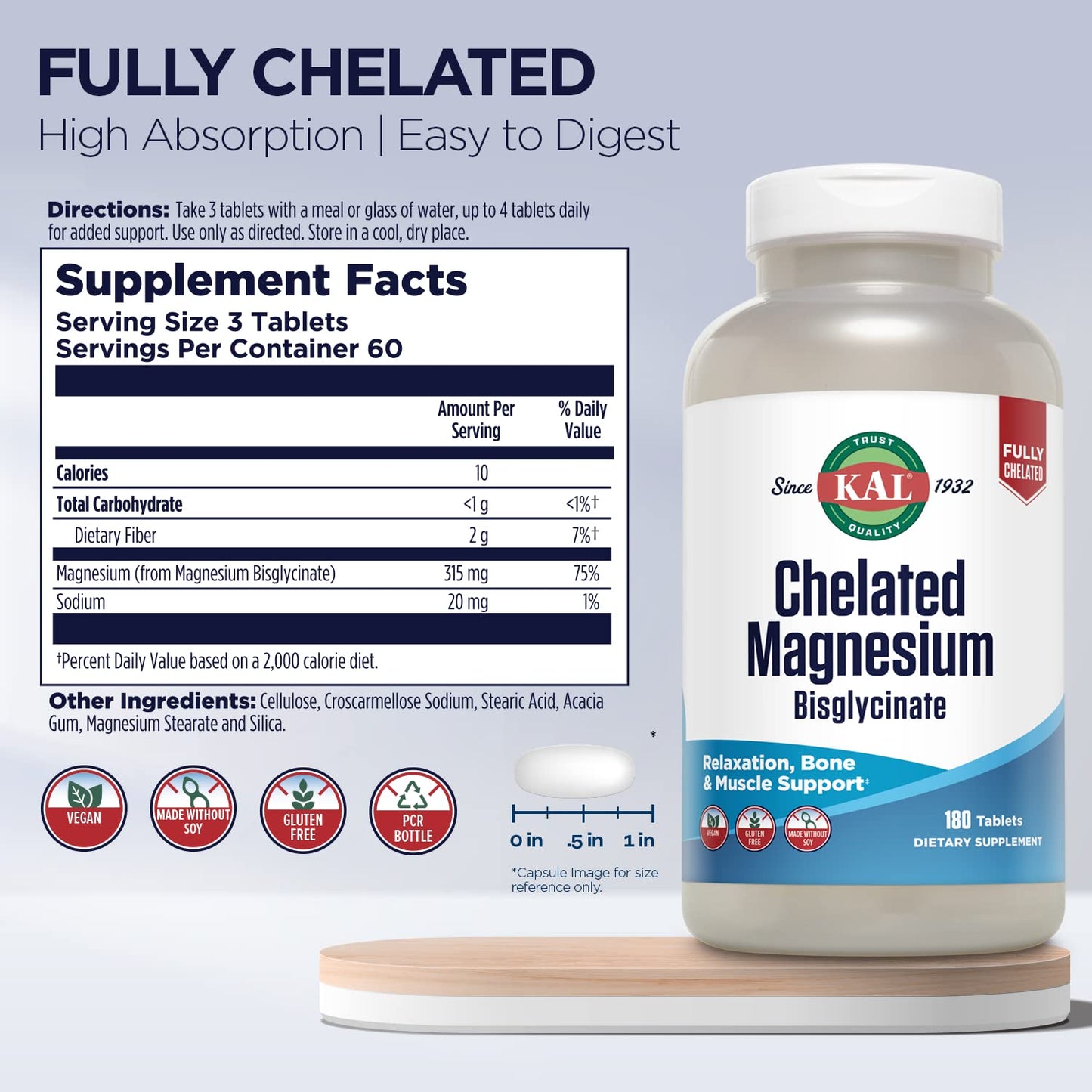 KAL Chelated Magnesium Bisglycinate, Magnesium Supplement for Relaxation, Bone Health, Nerve & Muscle Function Support*, High Absorption, Gentle Digestion, Vegan, Gluten Free, 60 Servings, 180 Tablets - Medaid International