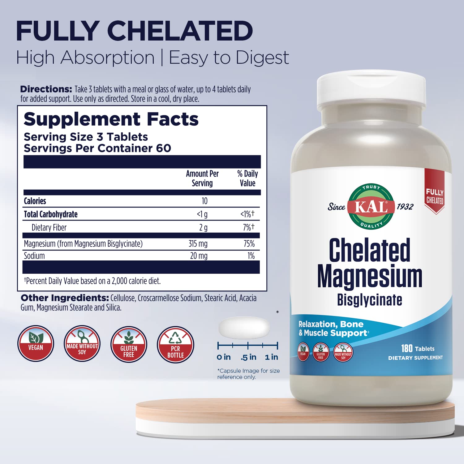 KAL Chelated Magnesium Bisglycinate, Magnesium Supplement for Relaxation, Bone Health, Nerve & Muscle Function Support*, High Absorption, Gentle Digestion, Vegan, Gluten Free, 60 Servings, 180 Tablets - Medaid International