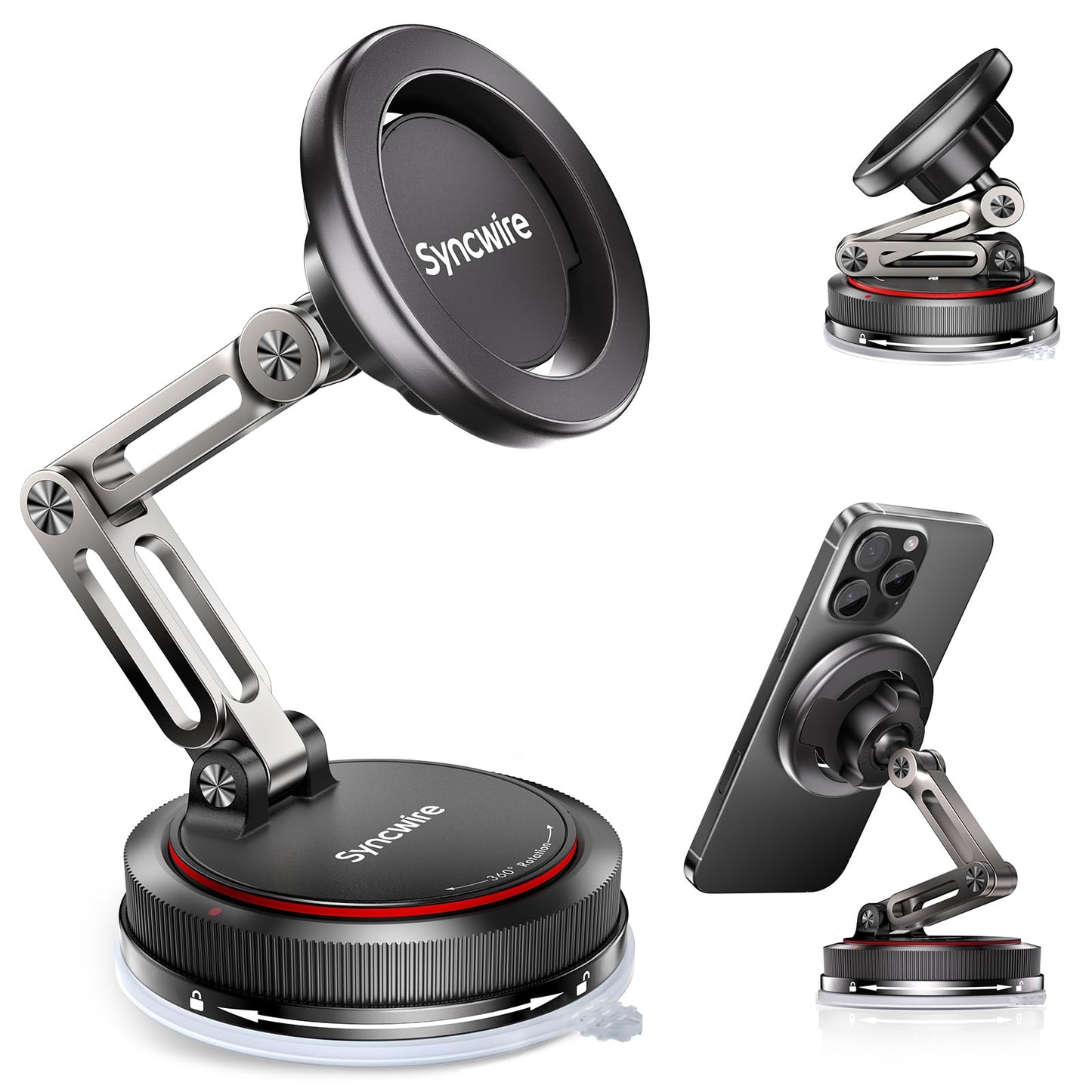 SYNCWIRE for MagSafe Car Mount [3-Axis Design] Strong Suction Cup Magnetic Phone Holder, 360° Rotation, Compatible with iPhone 17 Pro Max 16 15 14 13 12, Samsung, Matte Black - Medaid International