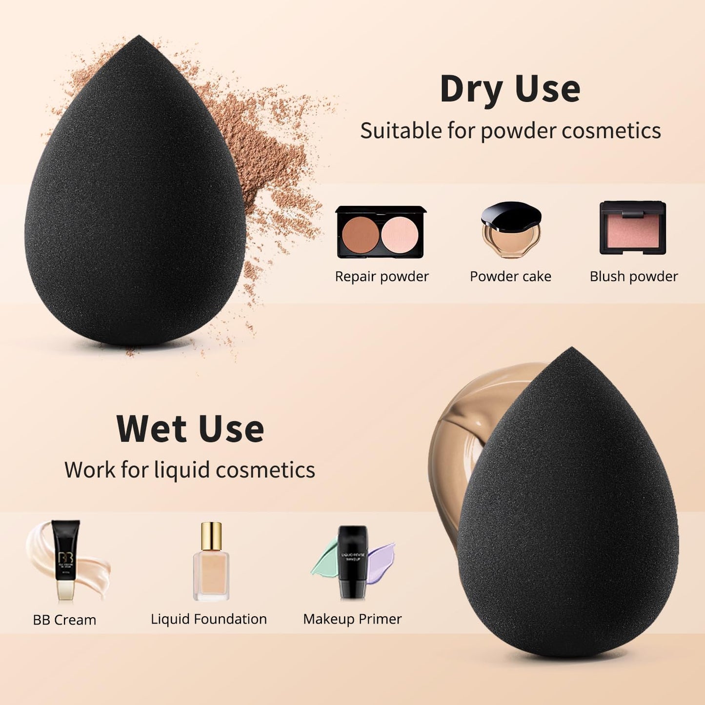 BEAKEY Makeup Sponge Set, 5 Pcs Foundation Blending Sponge, Beauty Sponges Flawless for Liquid, Cream, and Powder, Latex-Free and Vegan Boun Boun Makeup Sponges, Black - Medaid International