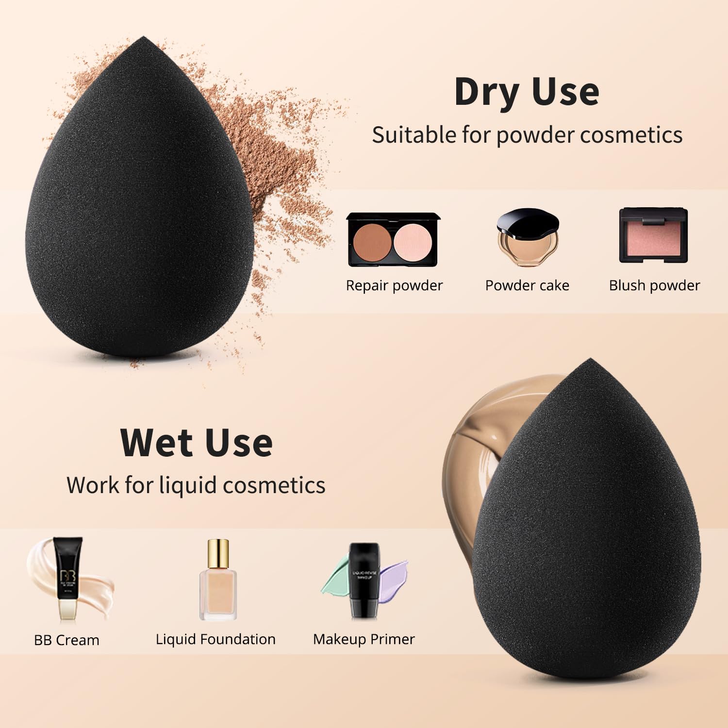 BEAKEY Makeup Sponge Set, 5 Pcs Foundation Blending Sponge, Beauty Sponges Flawless for Liquid, Cream, and Powder, Latex-Free and Vegan Boun Boun Makeup Sponges, Black - Medaid International