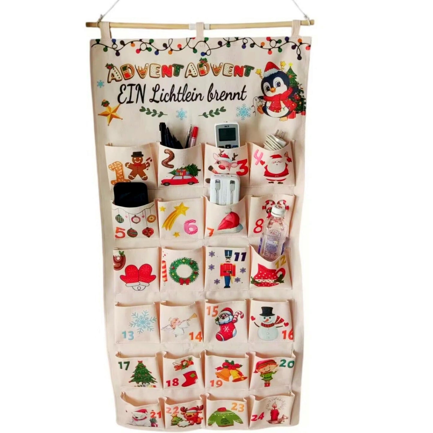 Christmas Advent Calendar Wall Hanging Bag With 24 Pockets, 24 Days Countdown Calendar Storage Bag for Xmas Home Wall Decoration, Reusable Fabric Gift Favors for kids friends family (Red) - Medaid International