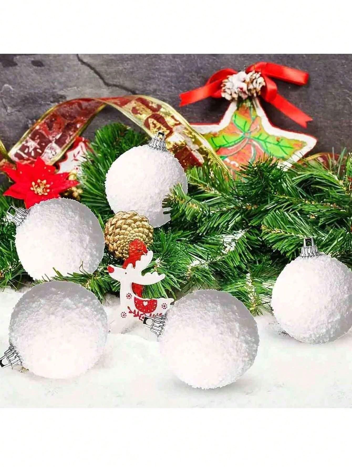 6pcsChristmas White Flocked Ball Ornaments, Snowy Textured Baubles for Tree Decor, Holiday Wreaths, Party & Gift Wrap, Infuse Winter Charm into Christmas Decorations - Medaid International