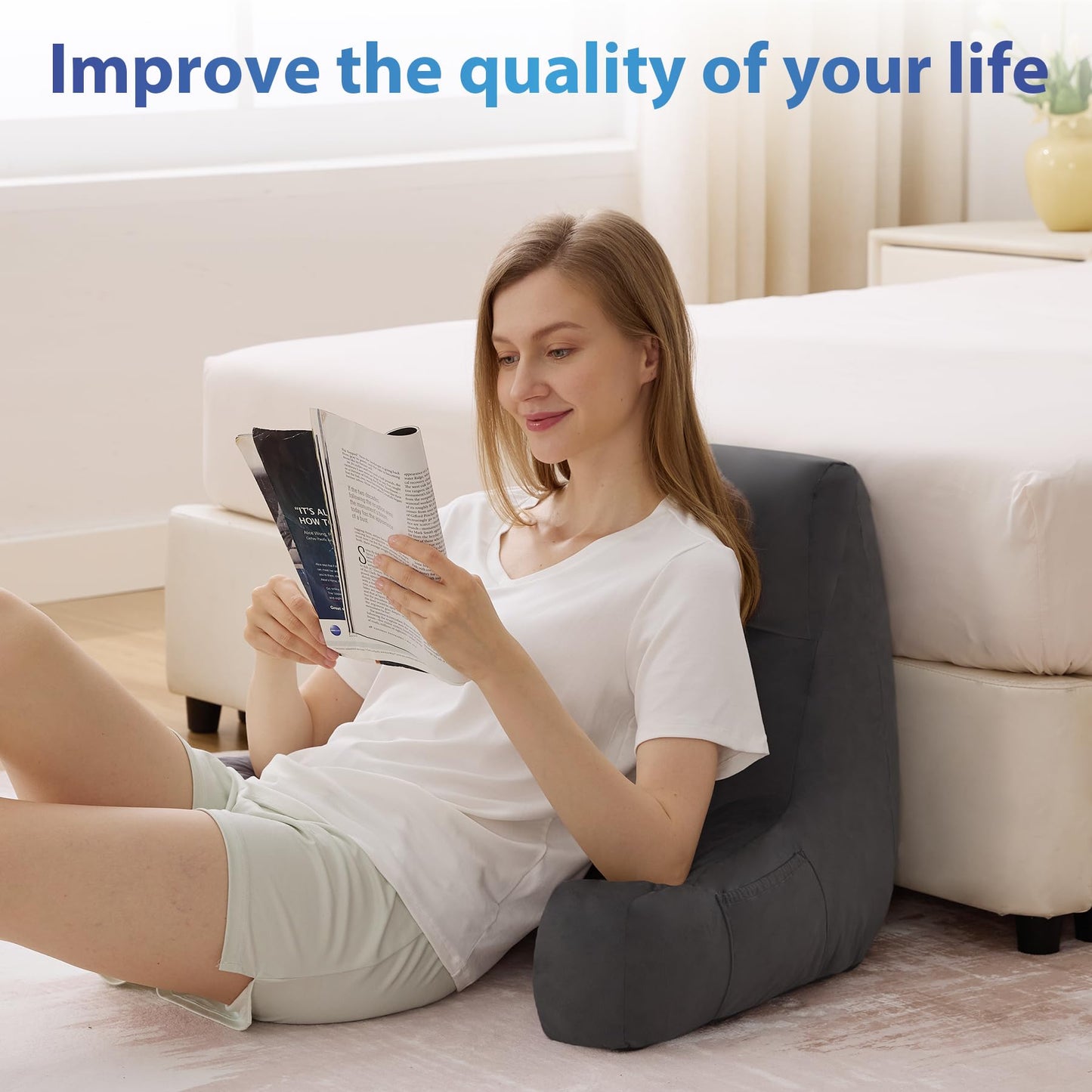 IPYNBAP Back Pillow for Bed Sitting up, Reading Pillow for Sitting in Bed Adult, Back Support Pillow, Memory Foam Sit up Lounge Backrest Pillow with Arms for TV, Couch, Chair, Dorm, 18 Inch, Grey - Medaid International