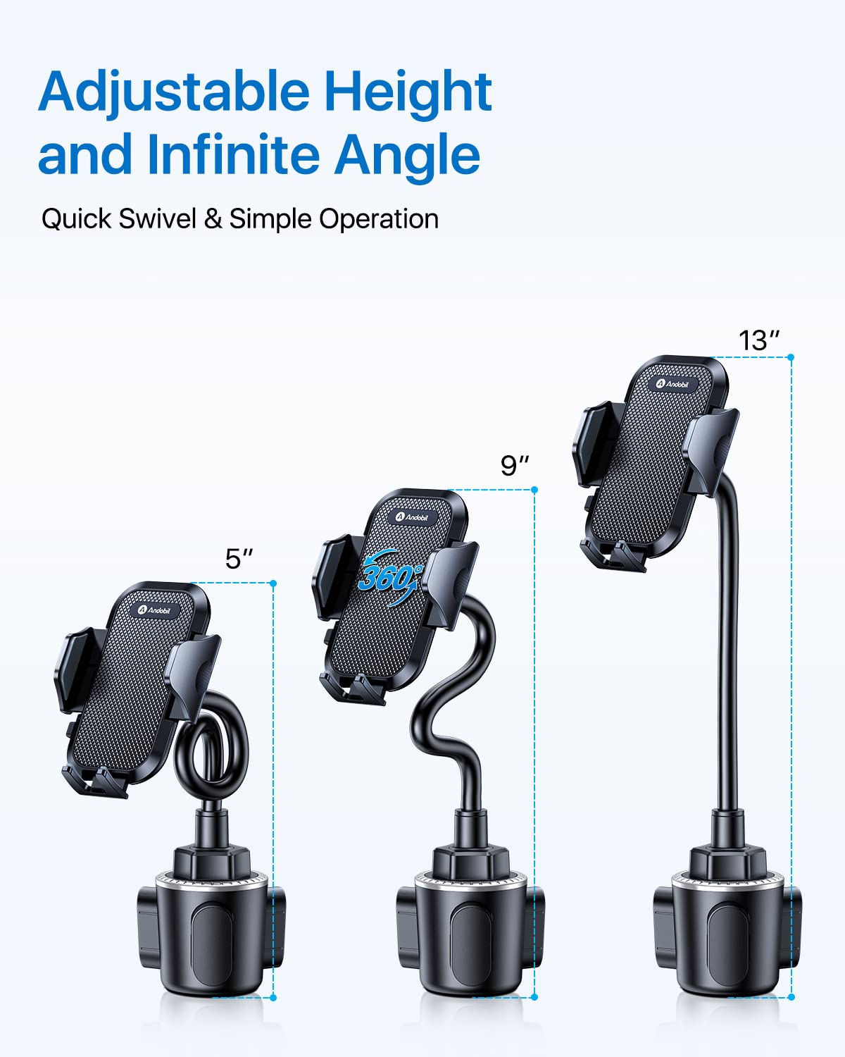 andobil Military-Grade Cup Phone Holder for Car/Truck, [2025 Enhanced] 13" 360° Adjustable Gooseneck w/Anti-Shake Car Mount, Universal Car Phone Holder for iPhone/Samsung/Pixel All 4.0-7.0" Devices - Medaid International