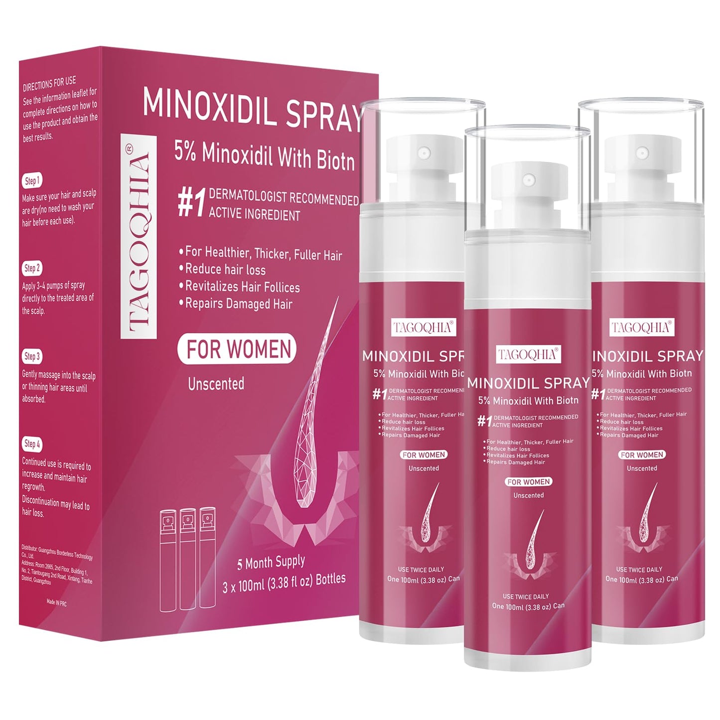 5% Minoxidil for Women Hair Regrowth Spray, hers hair regrowth treatment Infused with Biotin, Extra Strength Treatment to Combat Hair Loss and Thinning, 3 Bottles - Medaid International