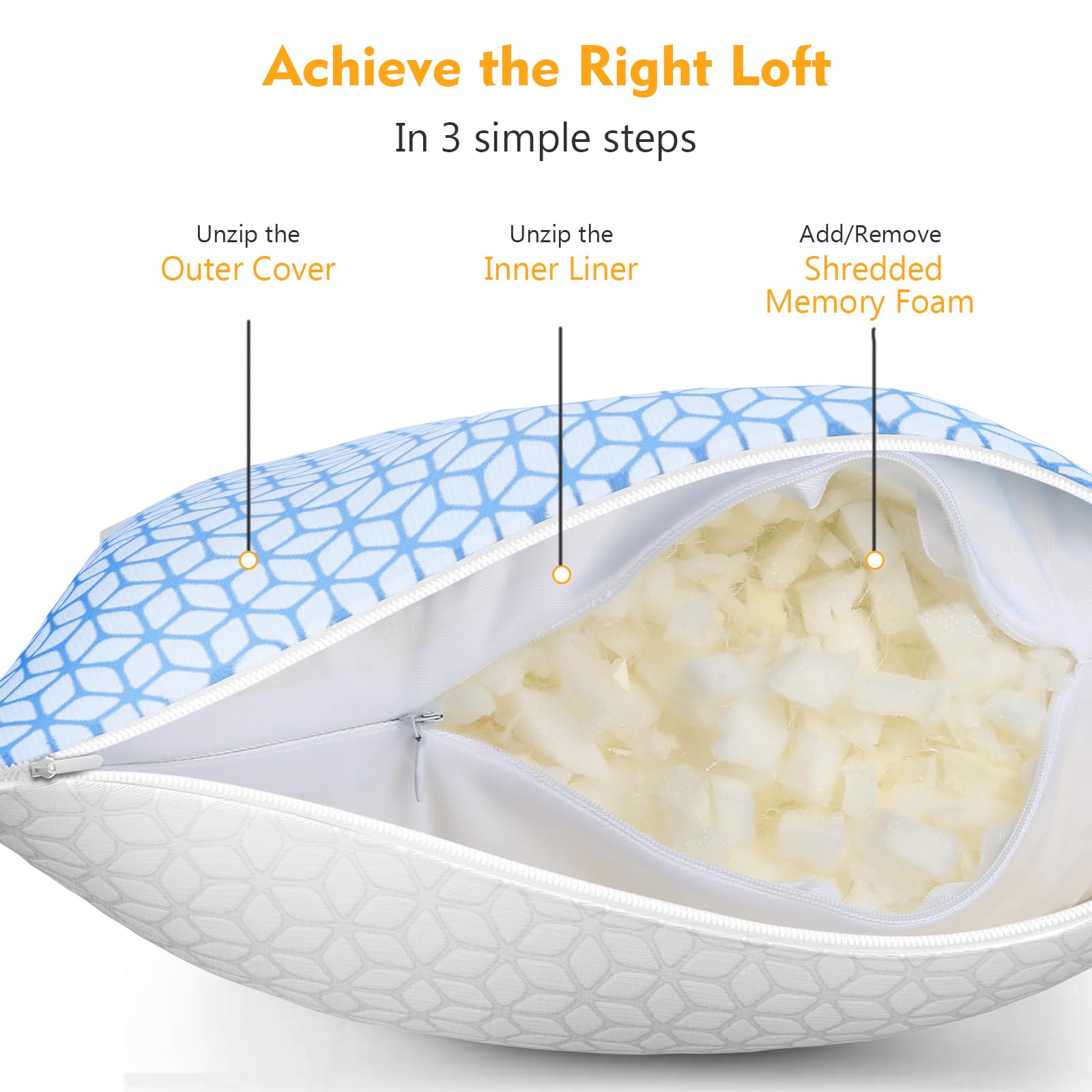 Love Attitude Shredded Memory Foam Pillows Queen Size Set of 2, Cooling Firm Pillows Queen Size 2 Pack for Bed, Adjustable for Side Back Stomach Sleepers - Medaid International