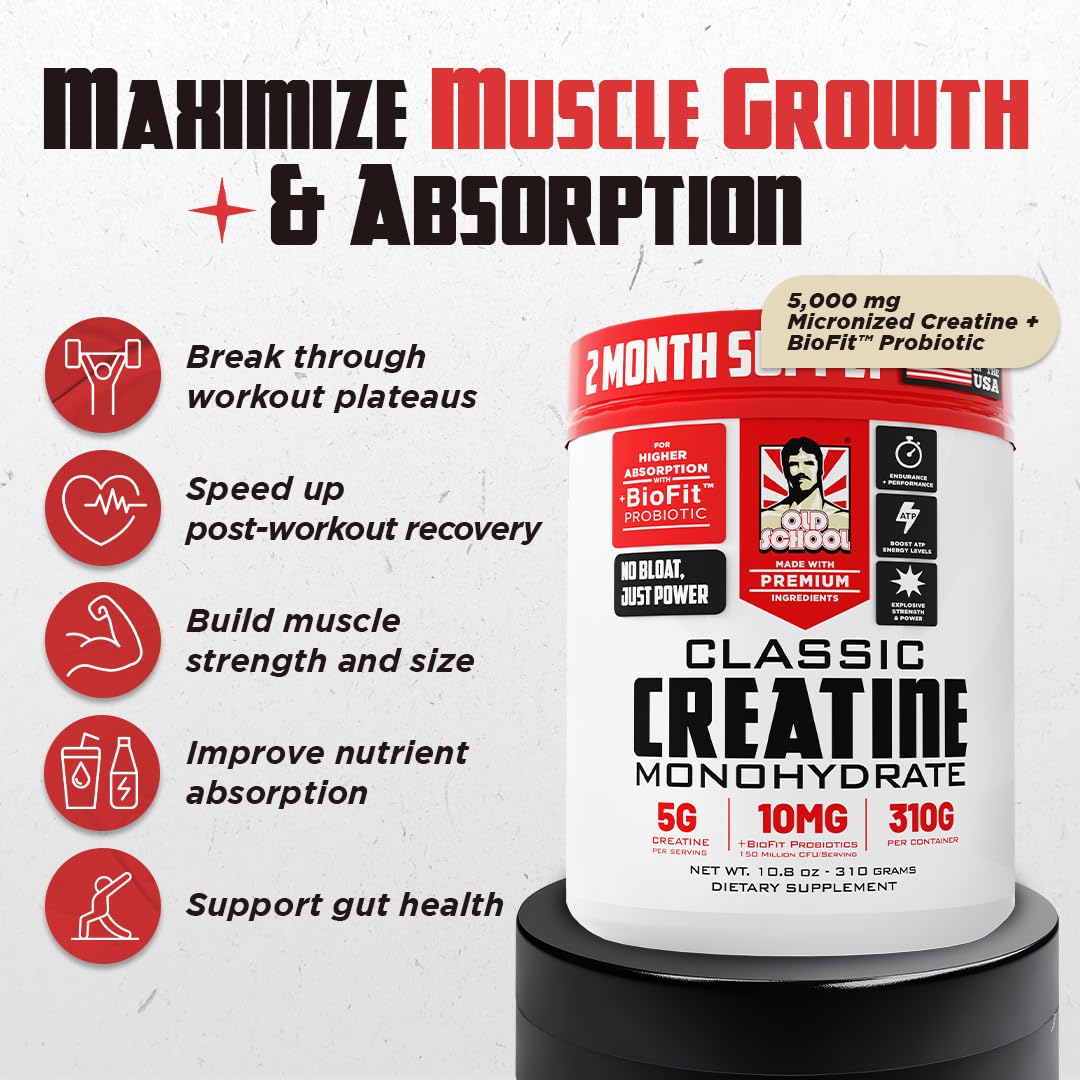 Old School Labs 5000mg Creatine Monohydrate Micronized Powder with BioFit™ (Max Absorption), Performance & Recovery, Strength, Endurance, Focus - Made in USA - Men & Women - 60 Servings - Medaid International