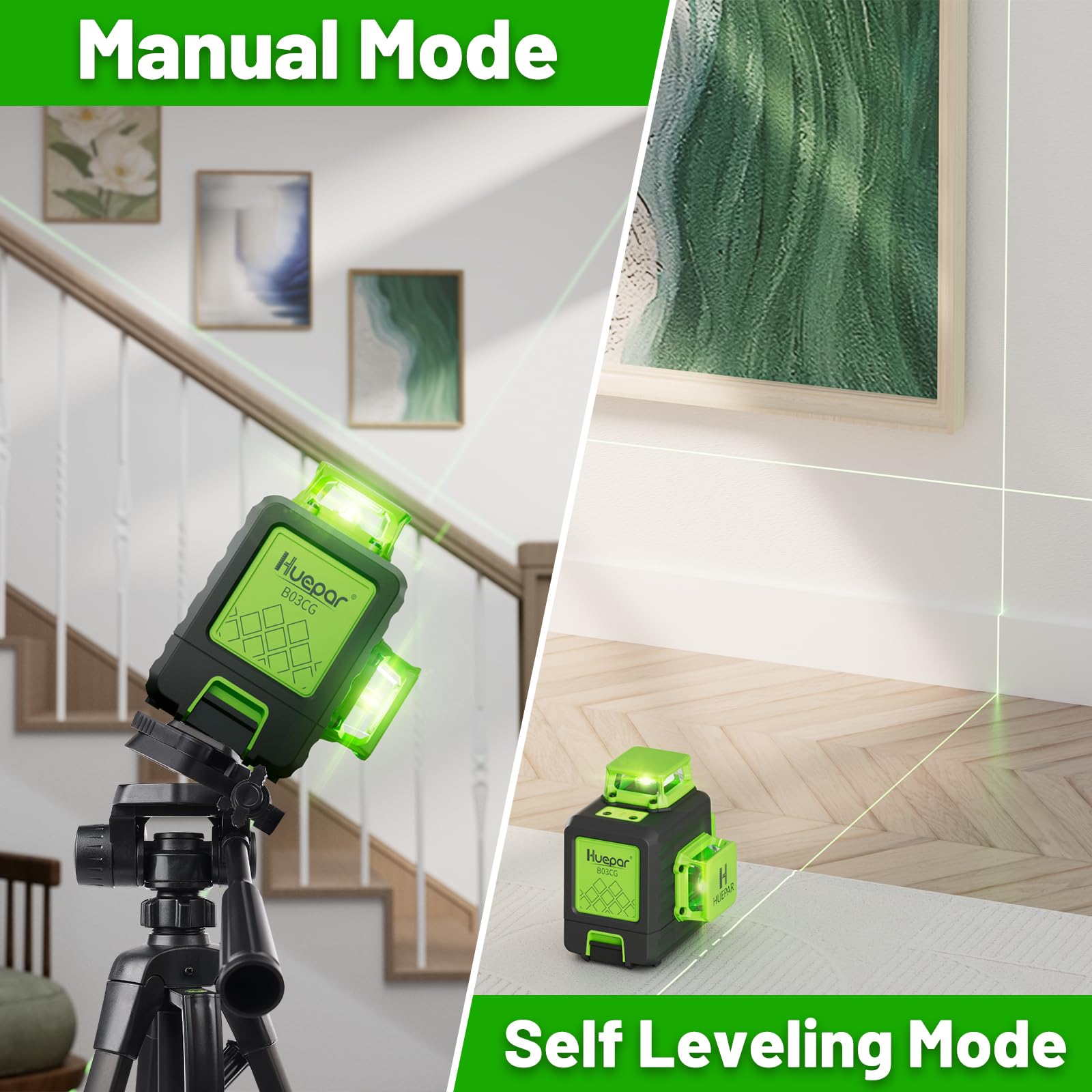 Laser Level 360 Self Leveling with 47" Tripod, Huepar 3x360° High Brightness Green Laser Leveler Tool for Construction, Tile and Picture Hanging, 5200 mAh Li-ion Battery & 2 Portable Bag Included - Medaid International