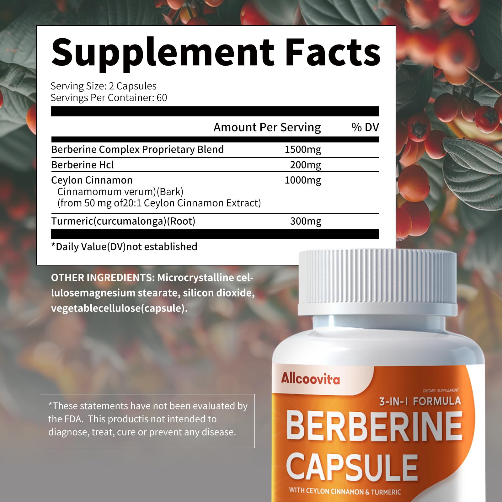 Allcoovita Berberine Supplement - Berberine 1500mg Per Serving,120 Capsules - Berberine HCI - Berberine Plus - Plus Pure True Ceylon Cinnamon, Berberine HCI Root Supplements Pills - Medaid International