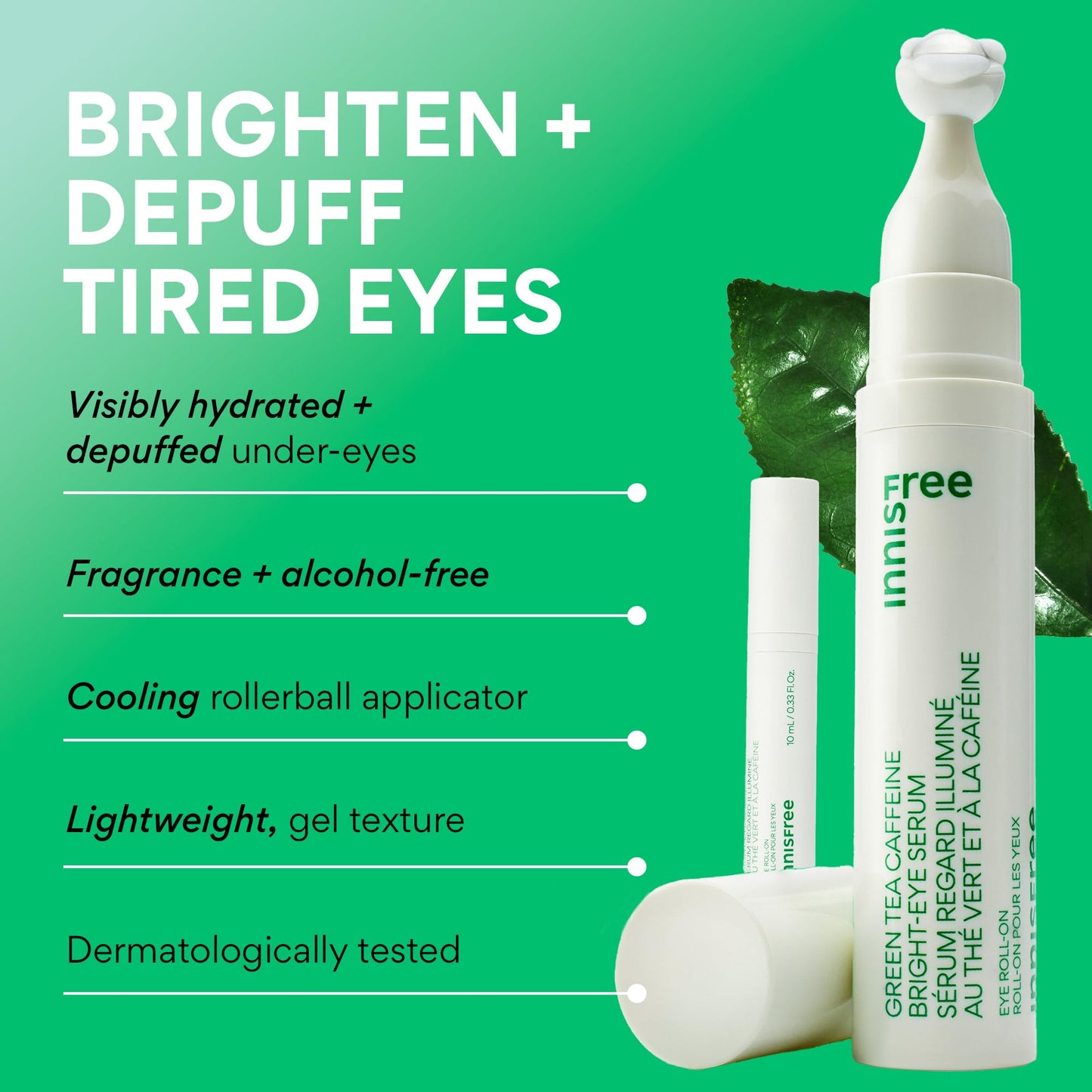 innisfree Green Tea Caffeine Depuffing Eye Serum with Niacinamide, Cooling Korean Eye Roll-On for Hydration and Brightening - Medaid International