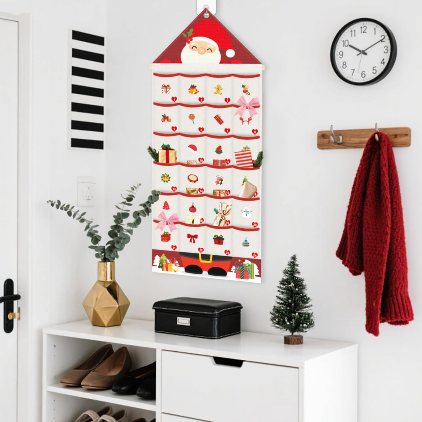 Auch Santa Advent Calendar 24 Days Hanging Wall Decoration, Fabric Christmas Countdown Calendar with Pockets for Candy Gifts, Reusable Xmas Decor for Kids Family Home - Medaid International