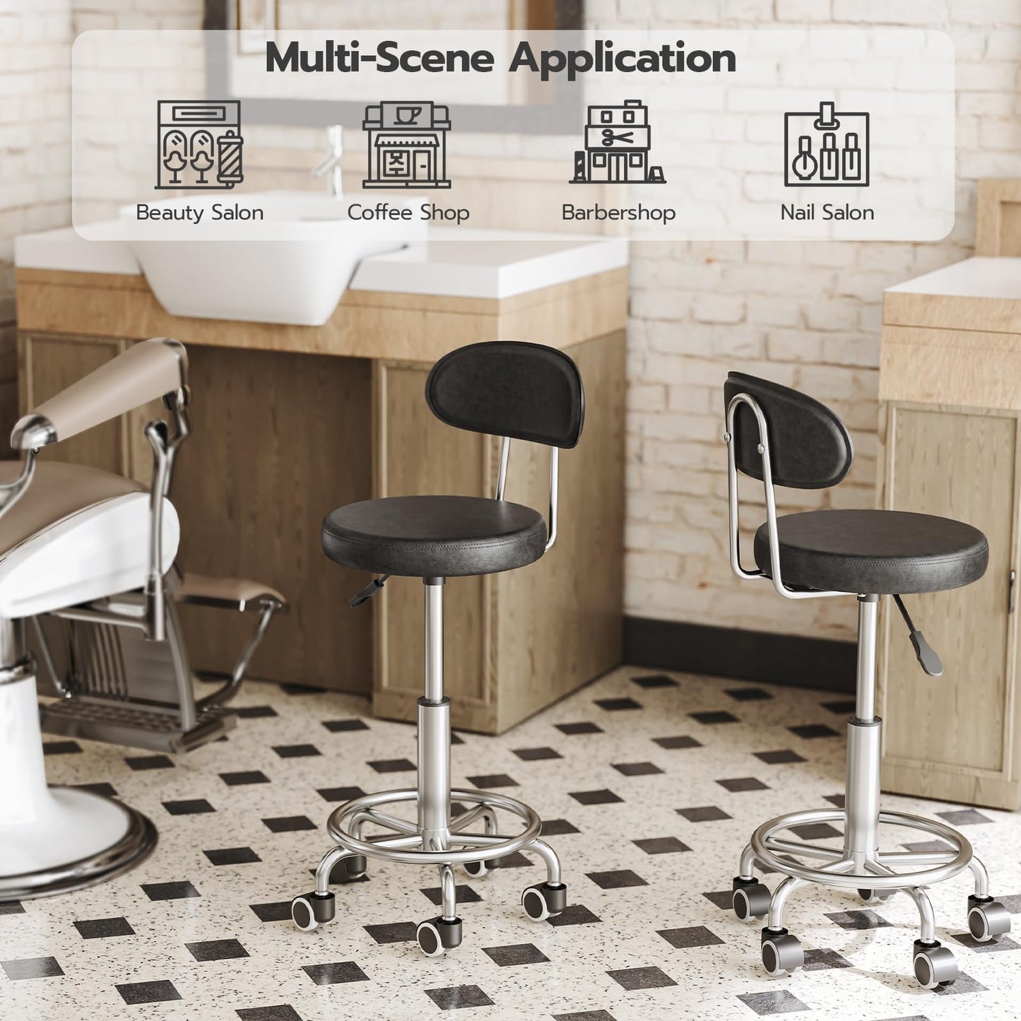 HOOBRO Height Adjustable Rolling Stool, 360° Rotating Drafting Chair, Multi-Purpose Office Desk Chair, Rolling Swivel Salon Stool Chair, for Barber Shop, Nail Salon, Office, Black SB01BY01G1 - Medaid International