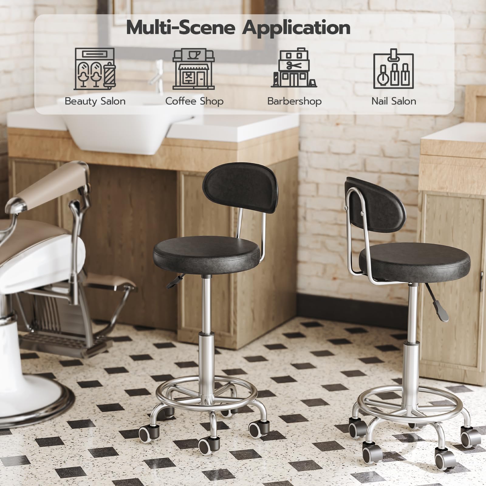 HOOBRO Height Adjustable Rolling Stool, 360° Rotating Drafting Chair, Multi-Purpose Office Desk Chair, Rolling Swivel Salon Stool Chair, for Barber Shop, Nail Salon, Office, Black SB01BY01G1 - Medaid International