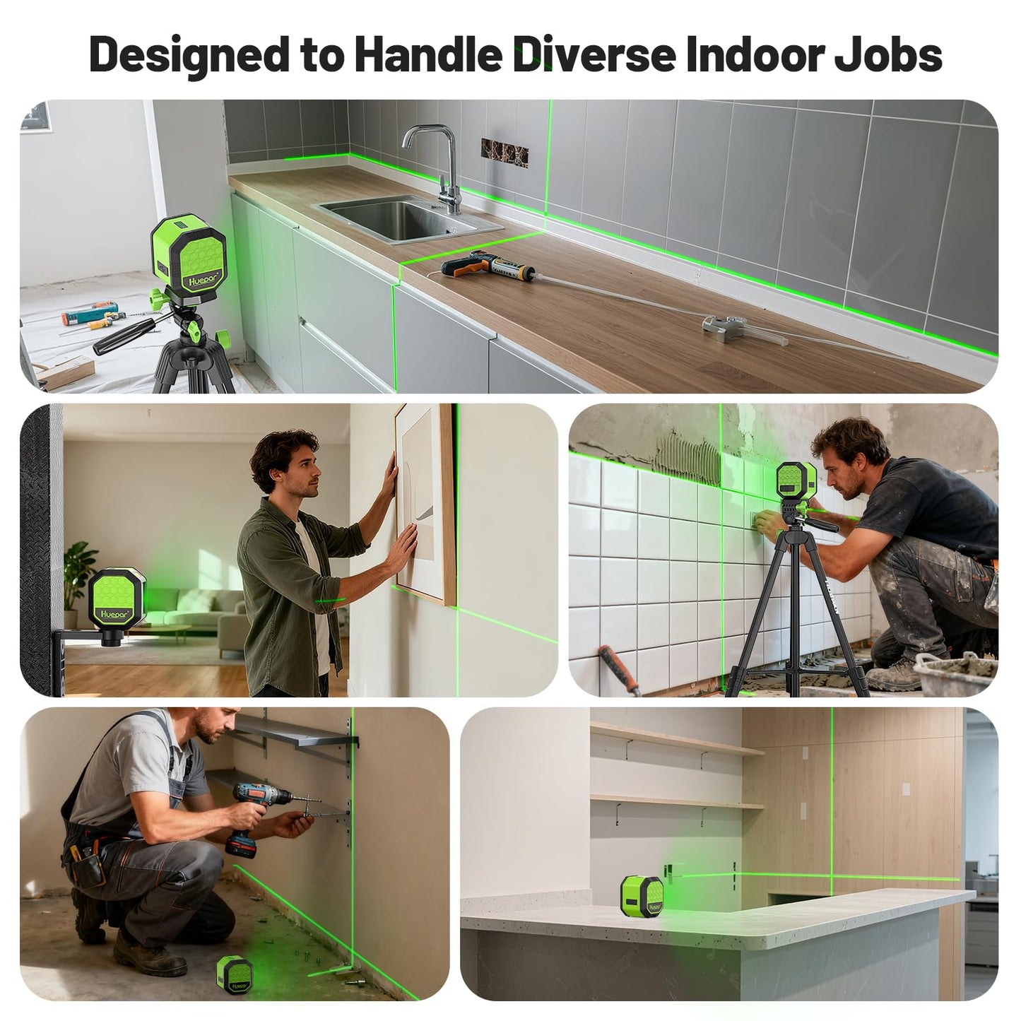 Laser Level with 60 Inch Tripod, Huepar 100Ft Self Leveling Laser Level Rechargeable Green Cross Line Lazer Leveler Tool for Picture Hanging, Tile, Home Renovation, 360° Magnetic Bracket &Target Plate - Medaid International