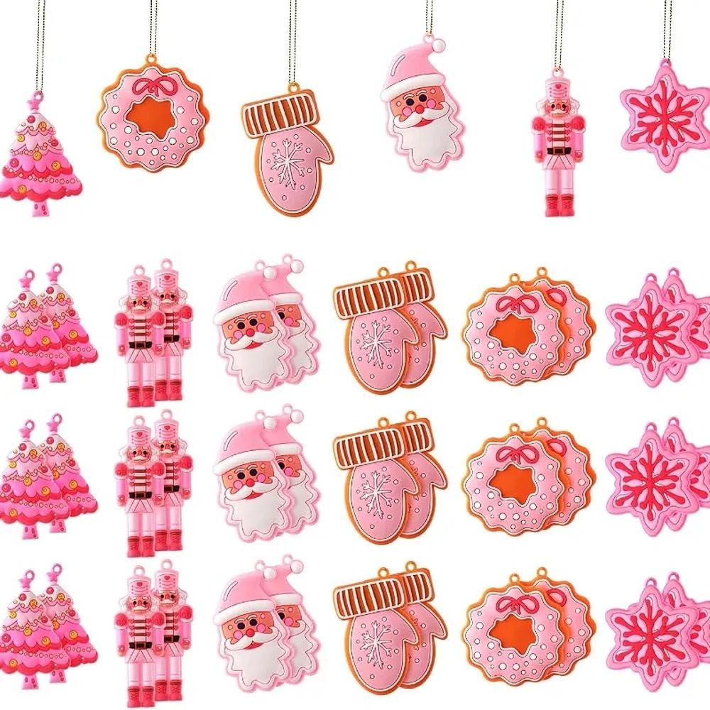 12Pcs Christmas Hanging Ornaments, Cute Pink Glove Traditional Snowman and Santa Designs for Xmas Tree and Party Supplies - Medaid International