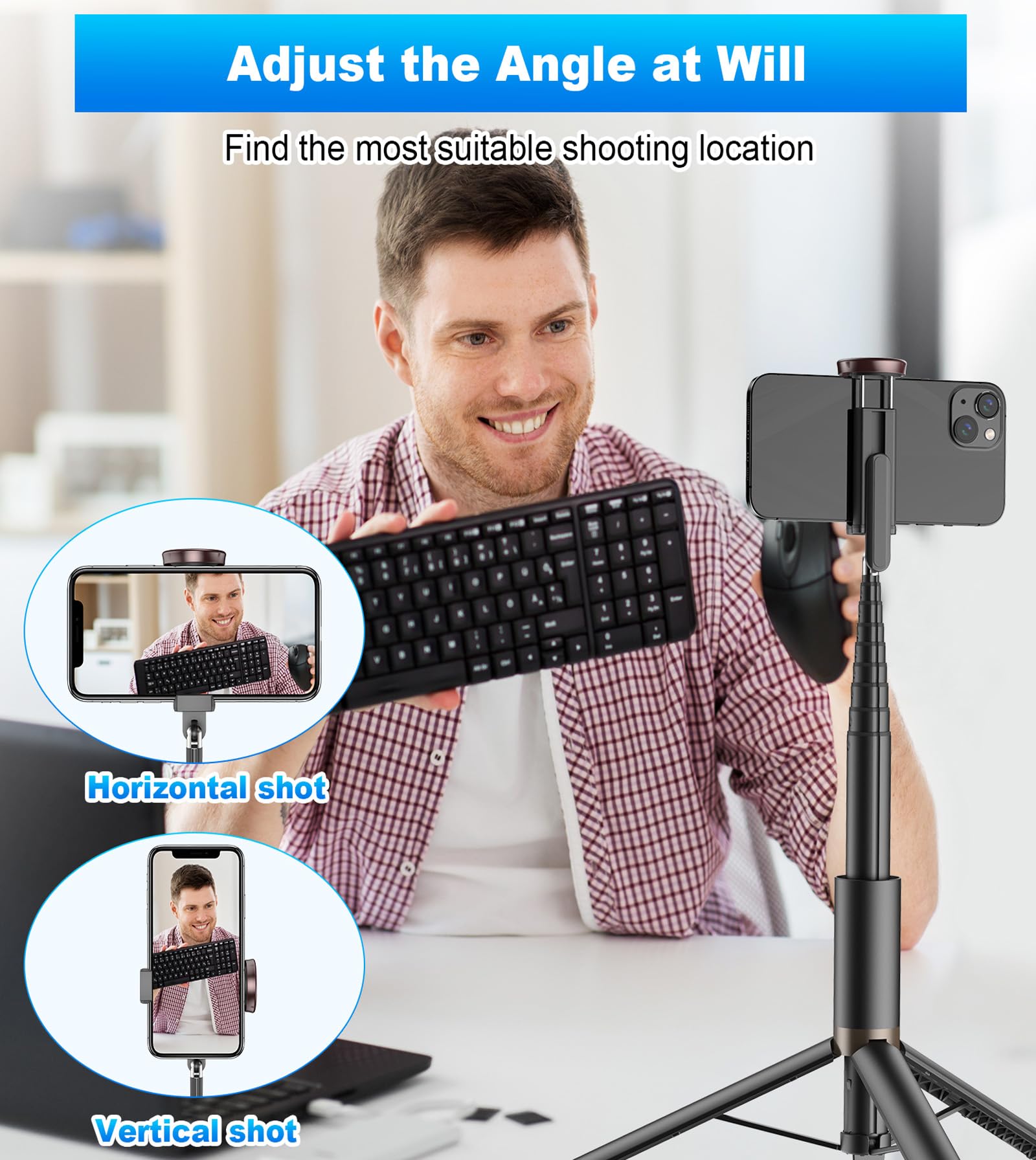 TONEOF 67" Cell Phone Selfie Stick Tripod,Smartphone Stand All-in-1 with Integrated Wireless Remote,Portable,Lightweight,Extendable for iPhone/Android(Black) - Medaid International