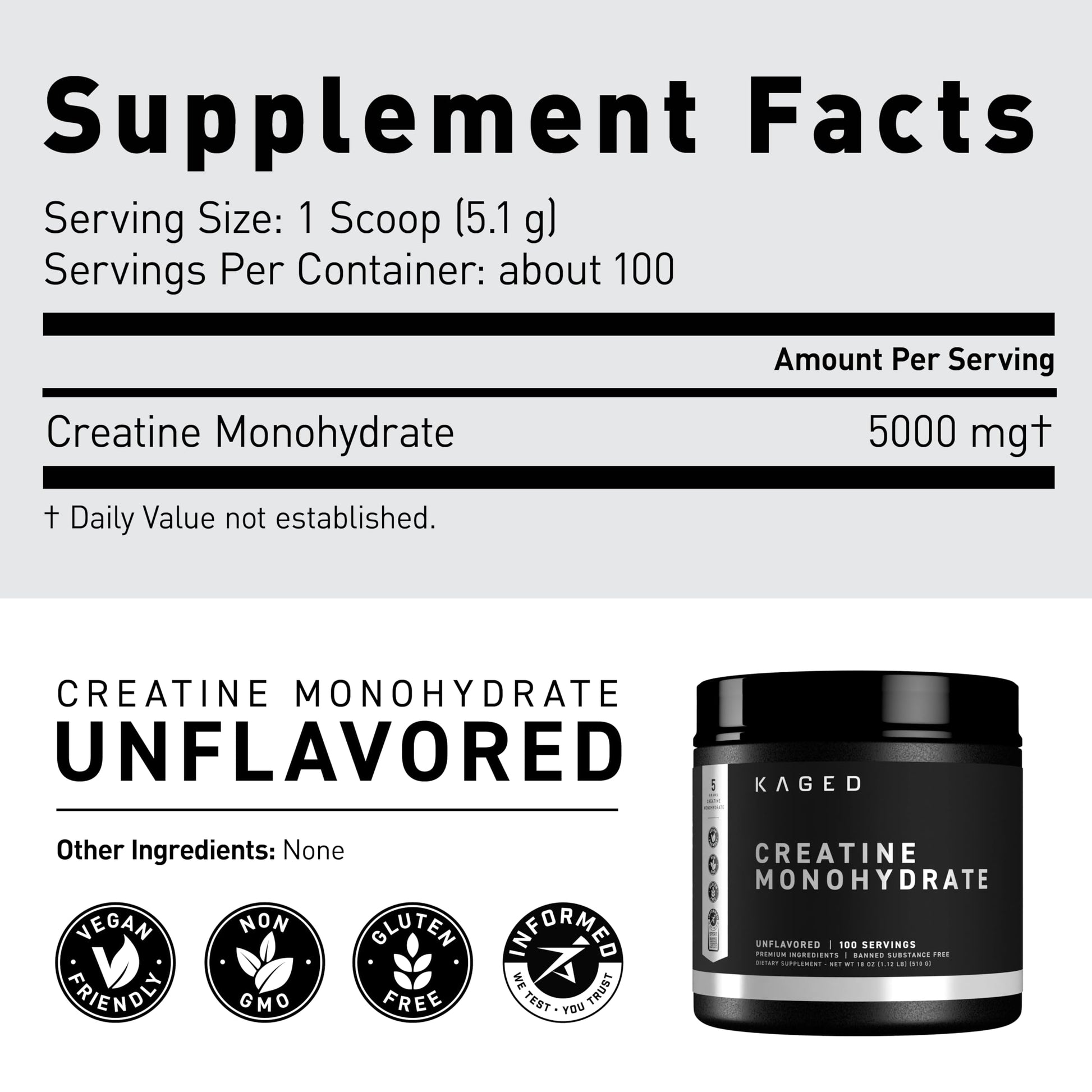 Kaged Creatine Monohydrate Micronized Powder | Unflavored | Muscle Building & Recovery | 5000 mg Per Serving | Vegan, Gluten Free, Easily Digestible | Supplements for Men & Women | 100 Servings - Medaid International